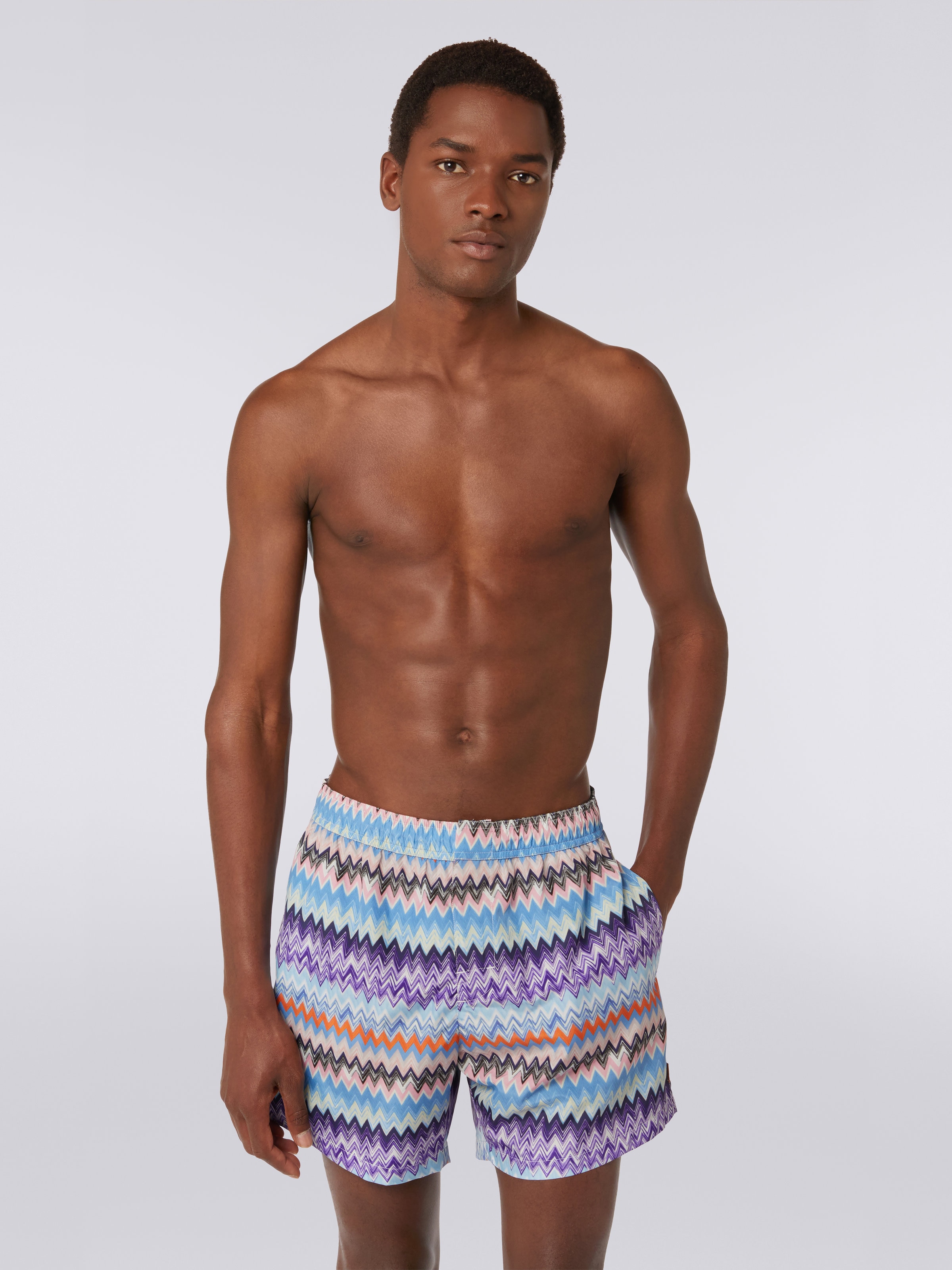 Technical fabric swimming trunks with chevron print, Blue - 1