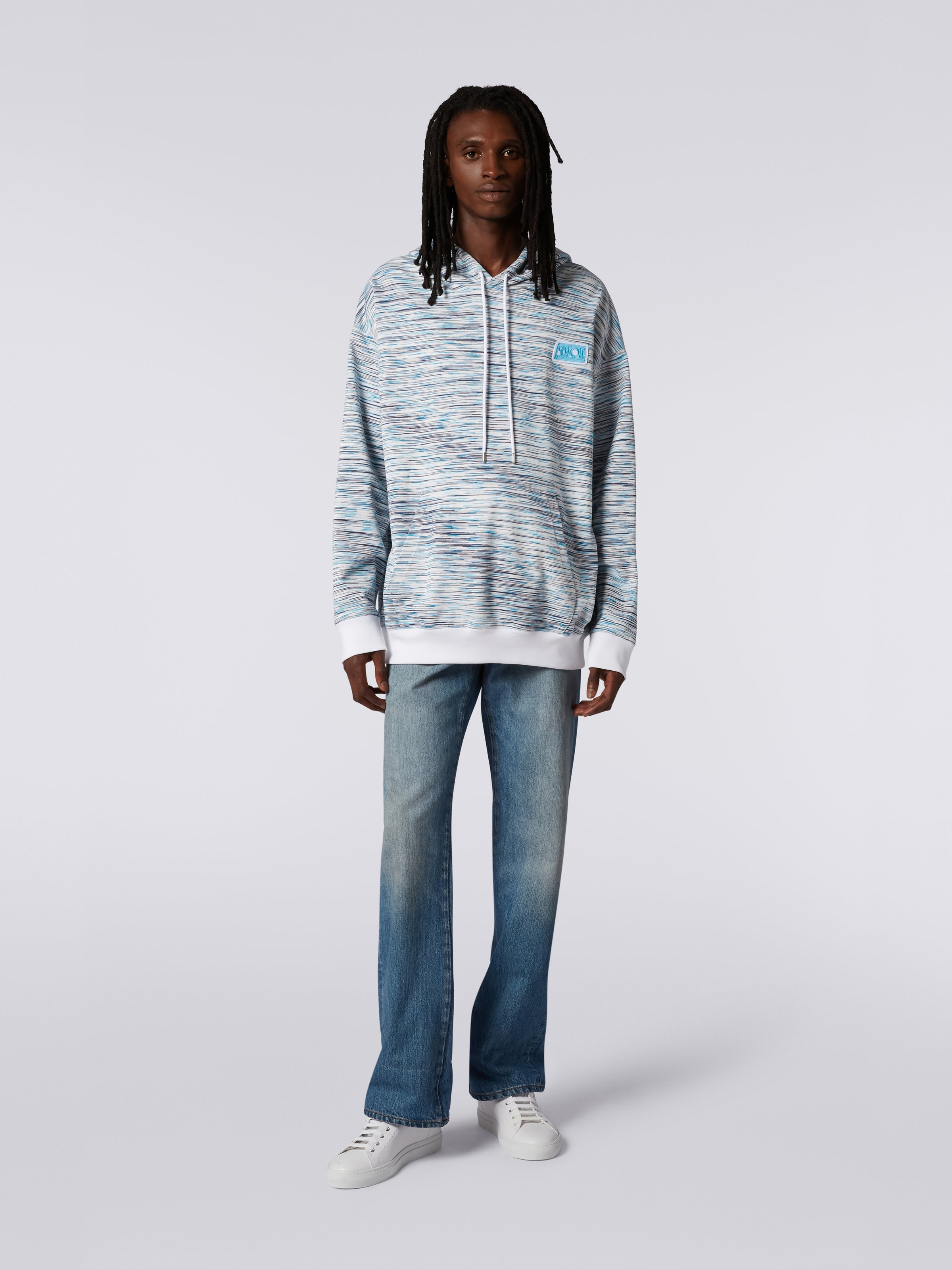 Slub cotton hoodie with logo patch, White & Light Blue - 1