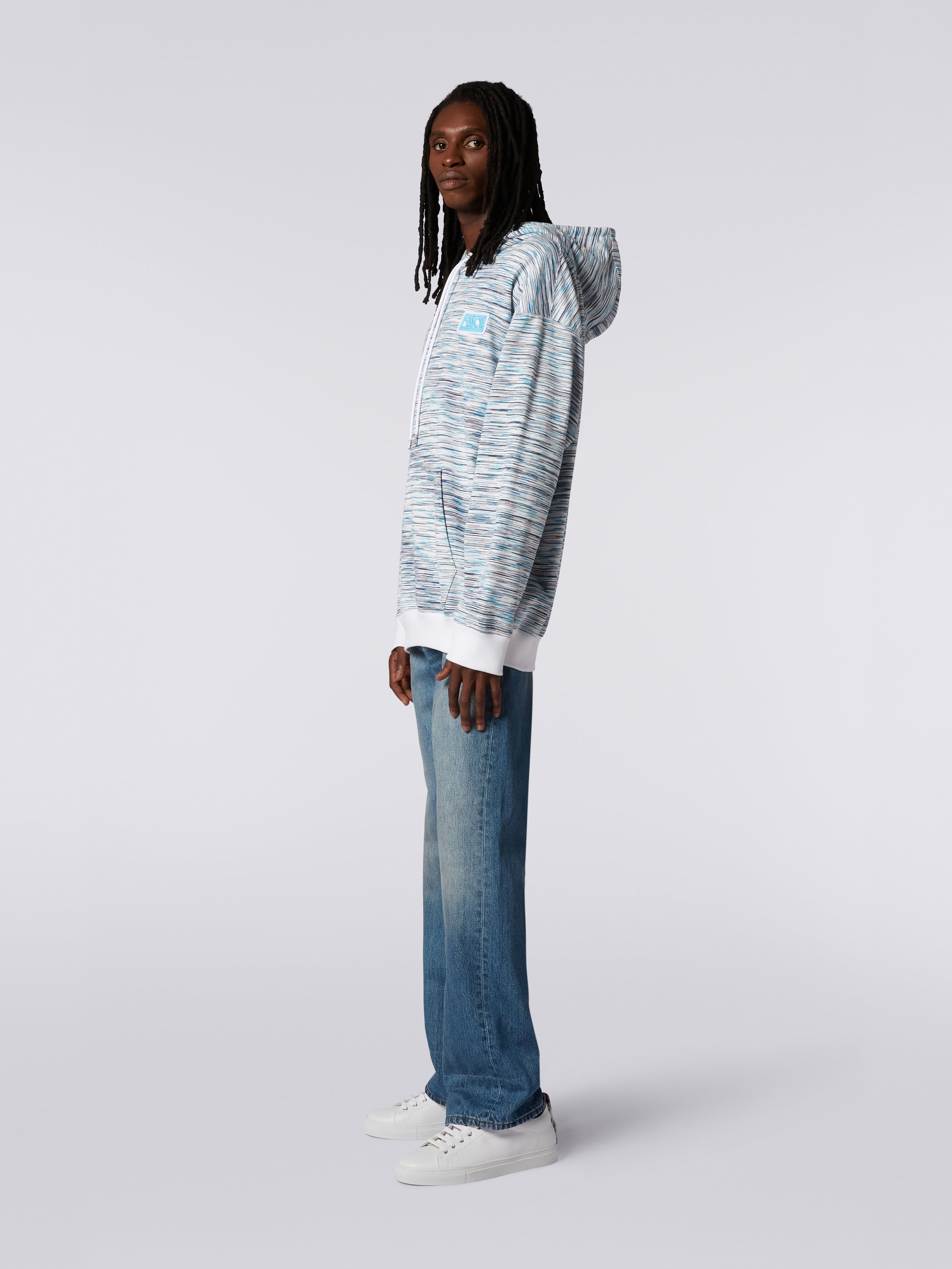 Slub cotton hoodie with logo patch, White & Light Blue - 2