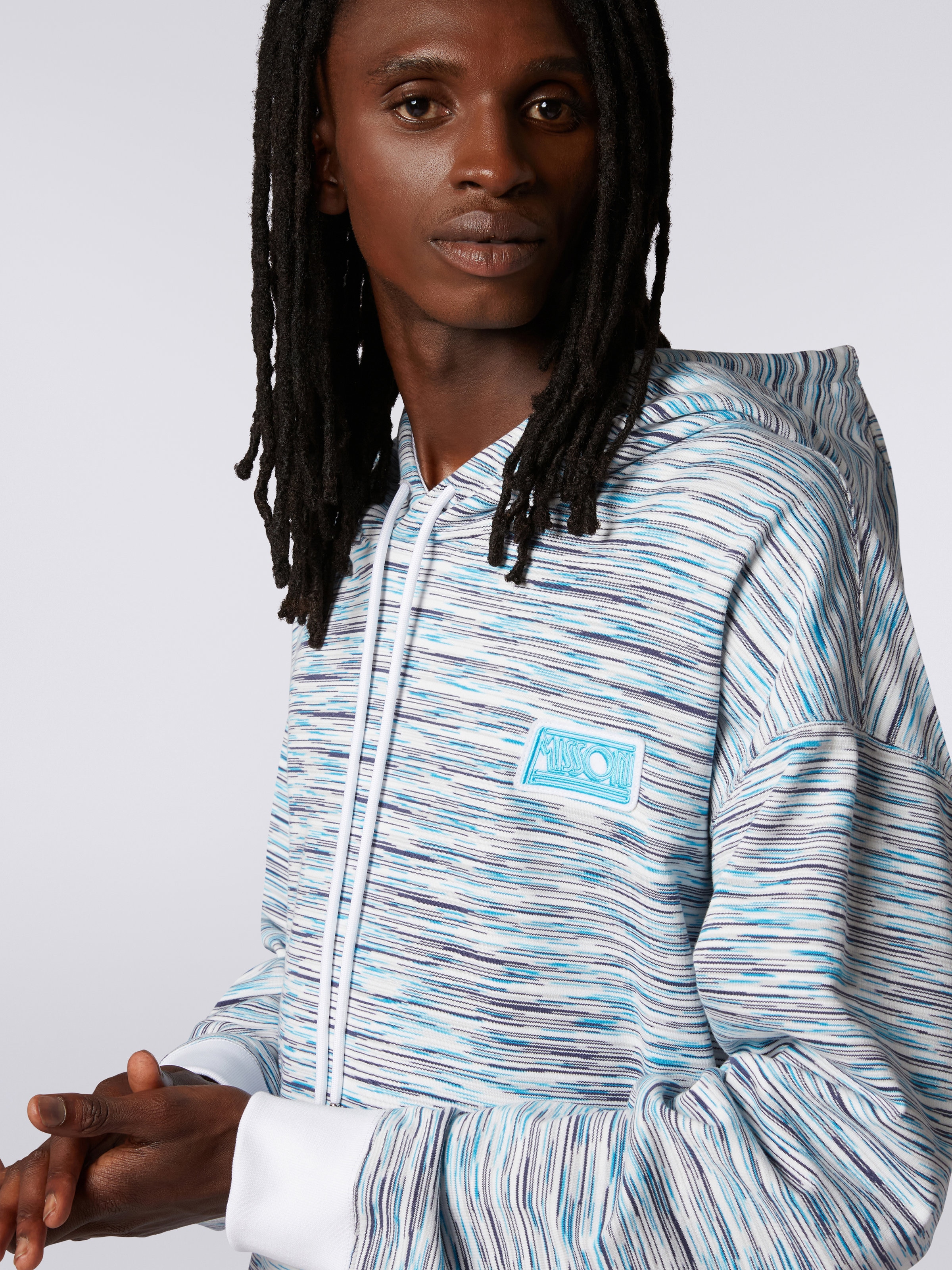 Slub cotton hoodie with logo patch, White & Light Blue - 4