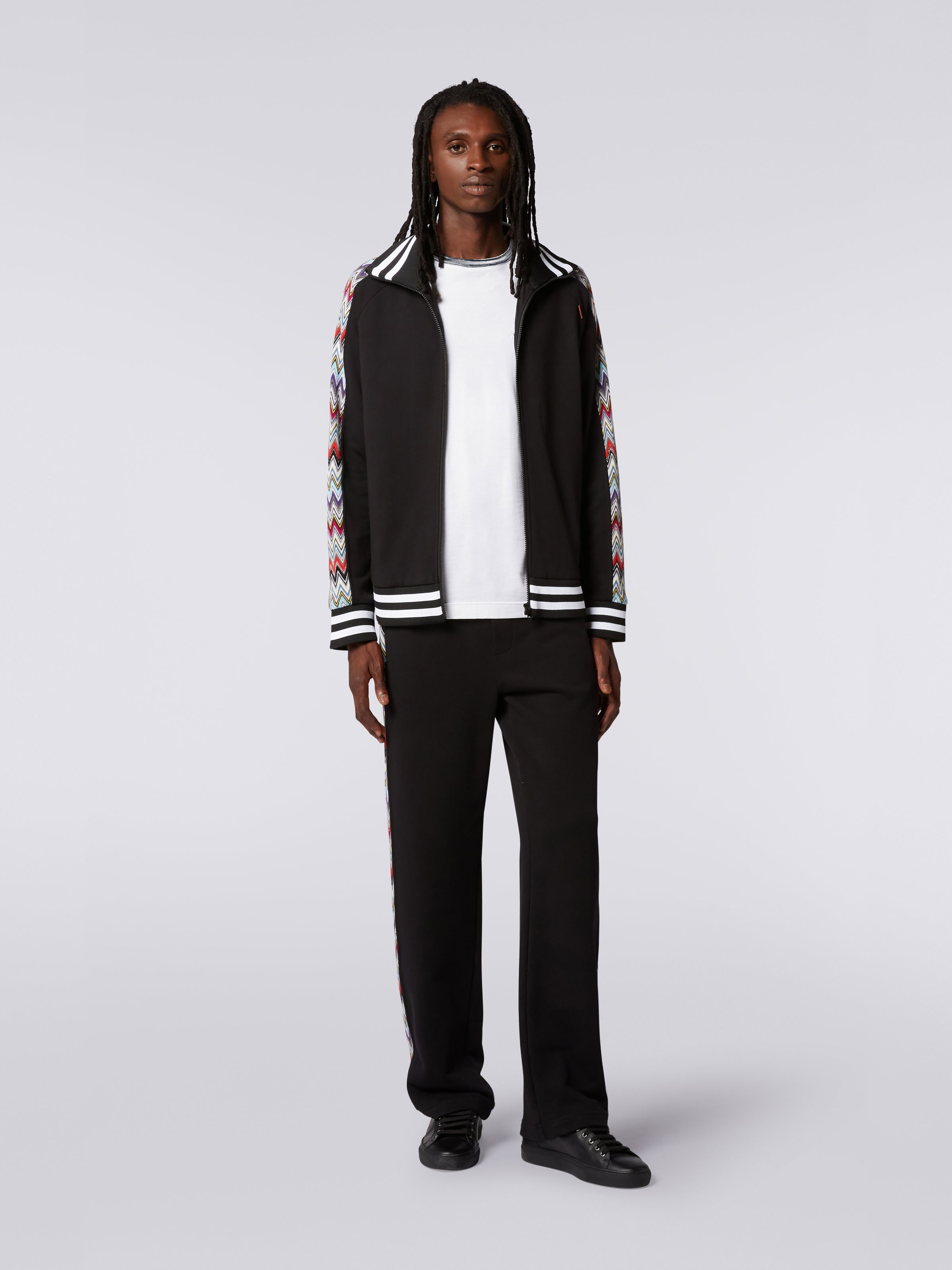 Cotton turtleneck sweatshirt with zip and multicoloured knitted inserts, Black    - 1