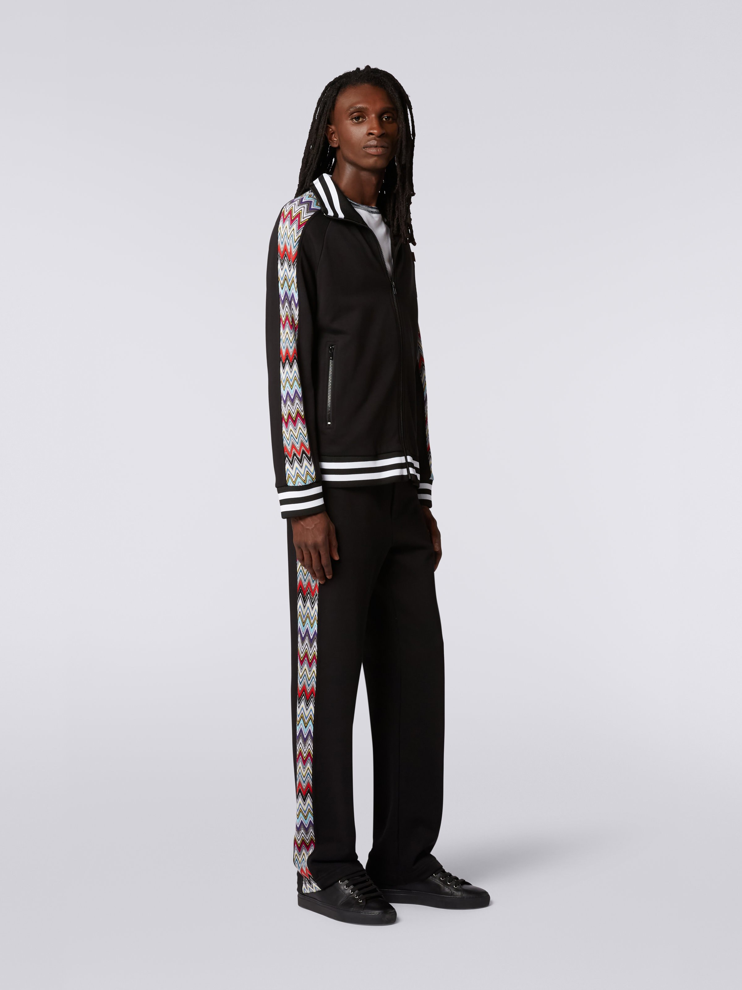 Cotton turtleneck sweatshirt with zip and multicoloured knitted inserts, Black    - 2
