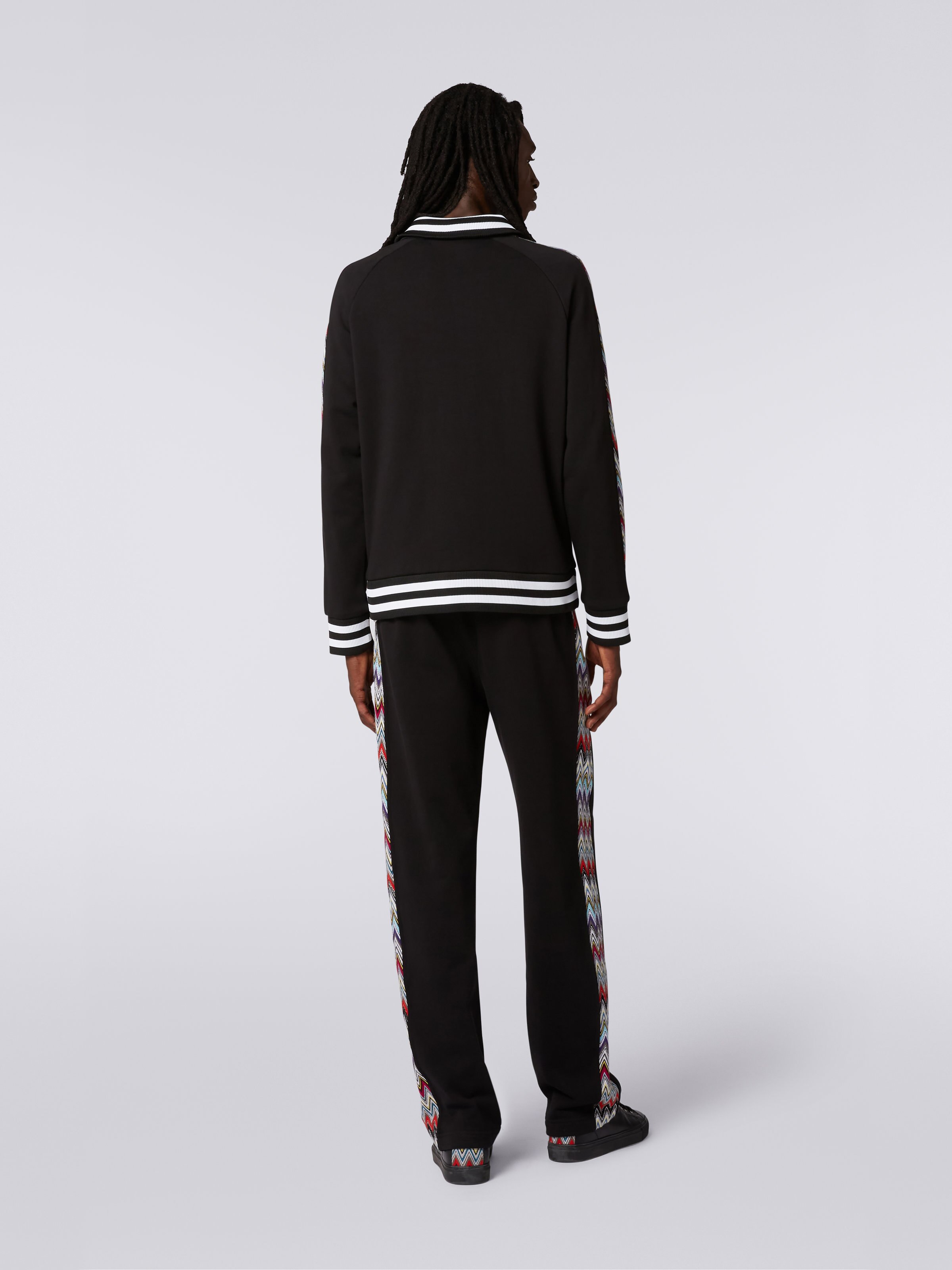 Cotton turtleneck sweatshirt with zip and multicoloured knitted inserts, Black    - 3