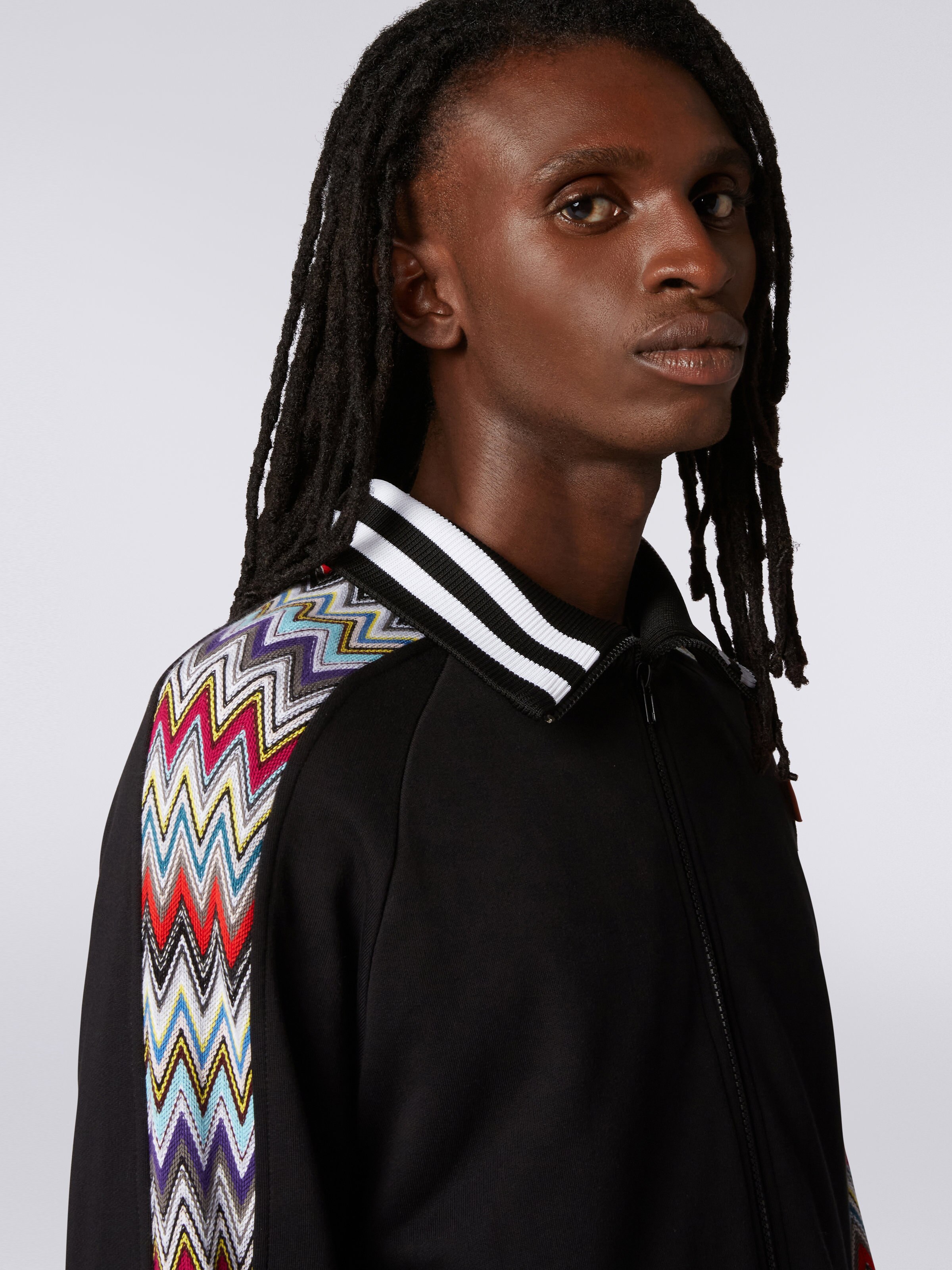 Cotton turtleneck sweatshirt with zip and multicoloured knitted inserts, Black    - 4