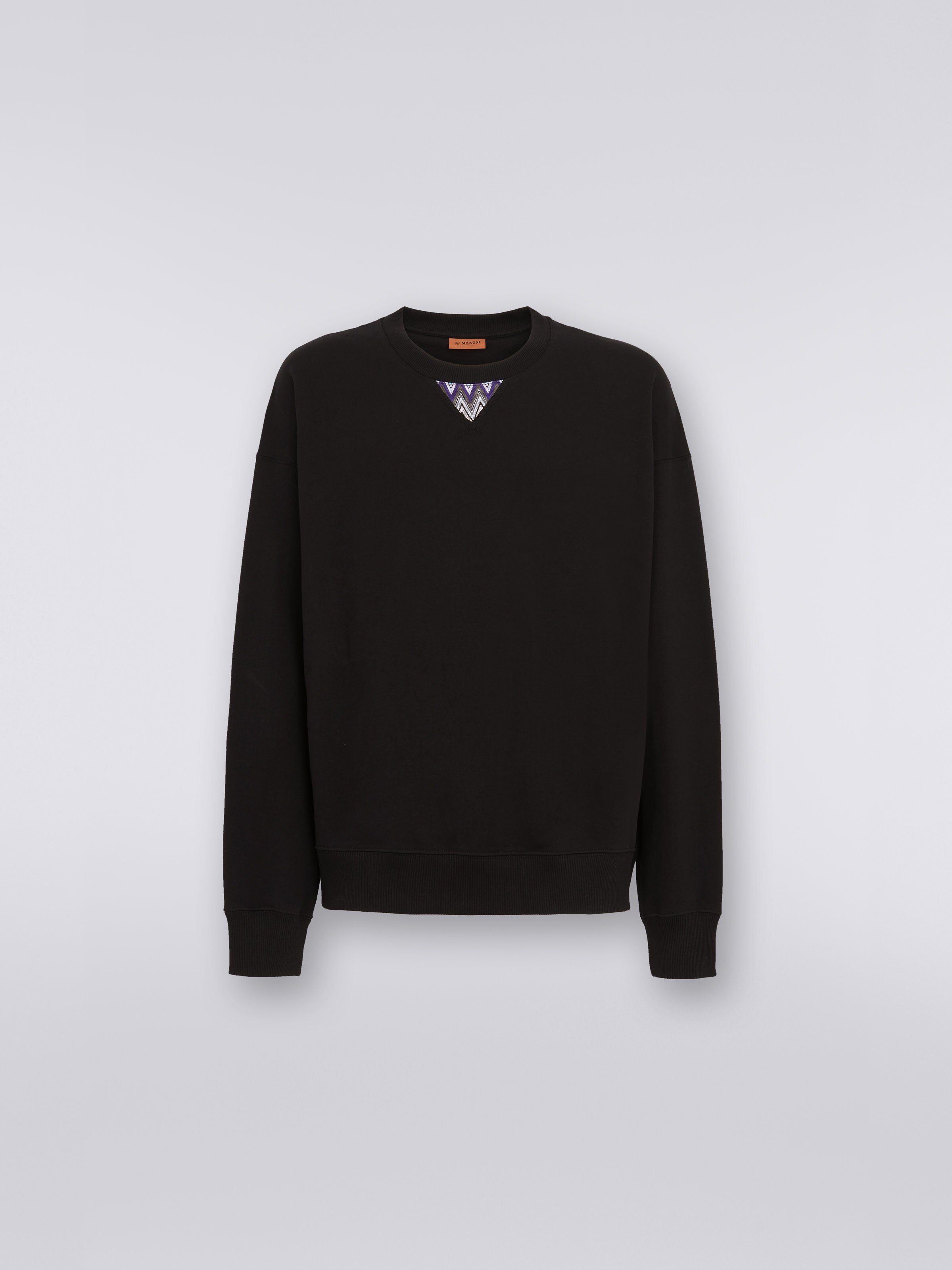 Cotton crew-neck sweatshirt with chevron insert, Black    - 0