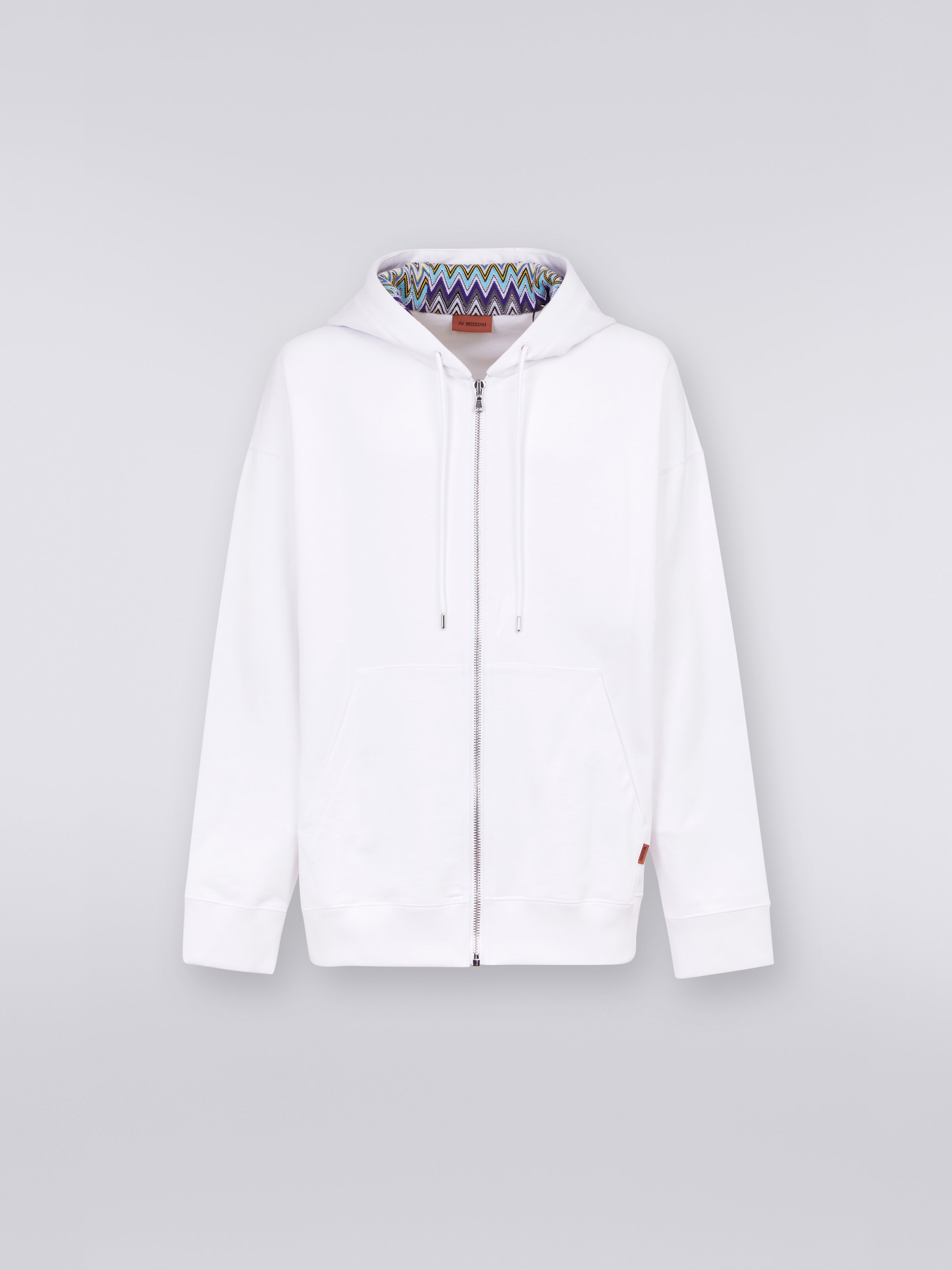Baumwollsweatshirt mit Kapuze, Reißverschluss und mehrfarbigen Strickeinsätzen, Weiß  - 0