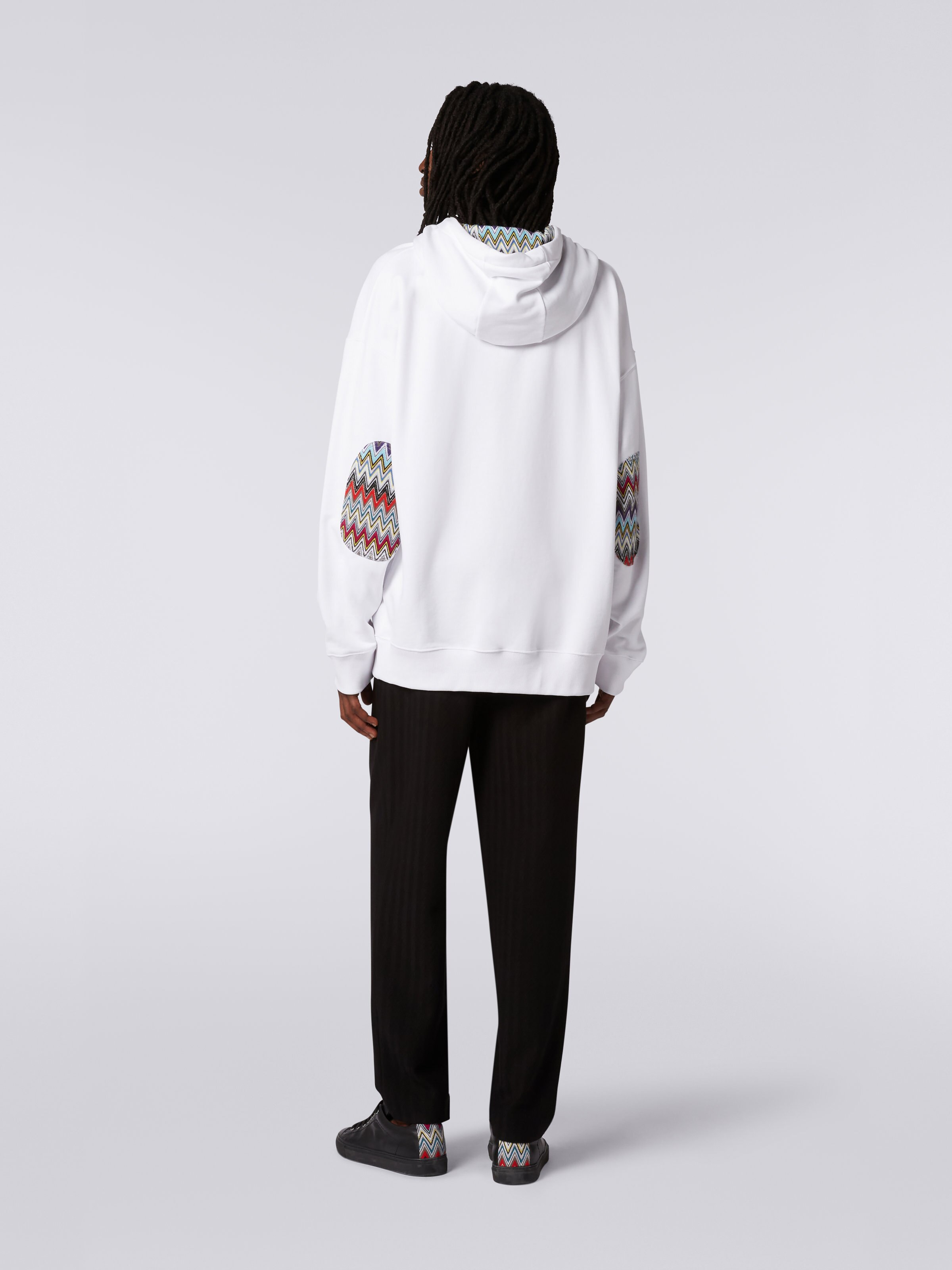 Cotton sweatshirt with hood, zip and multicoloured knitted inserts, White  - 3