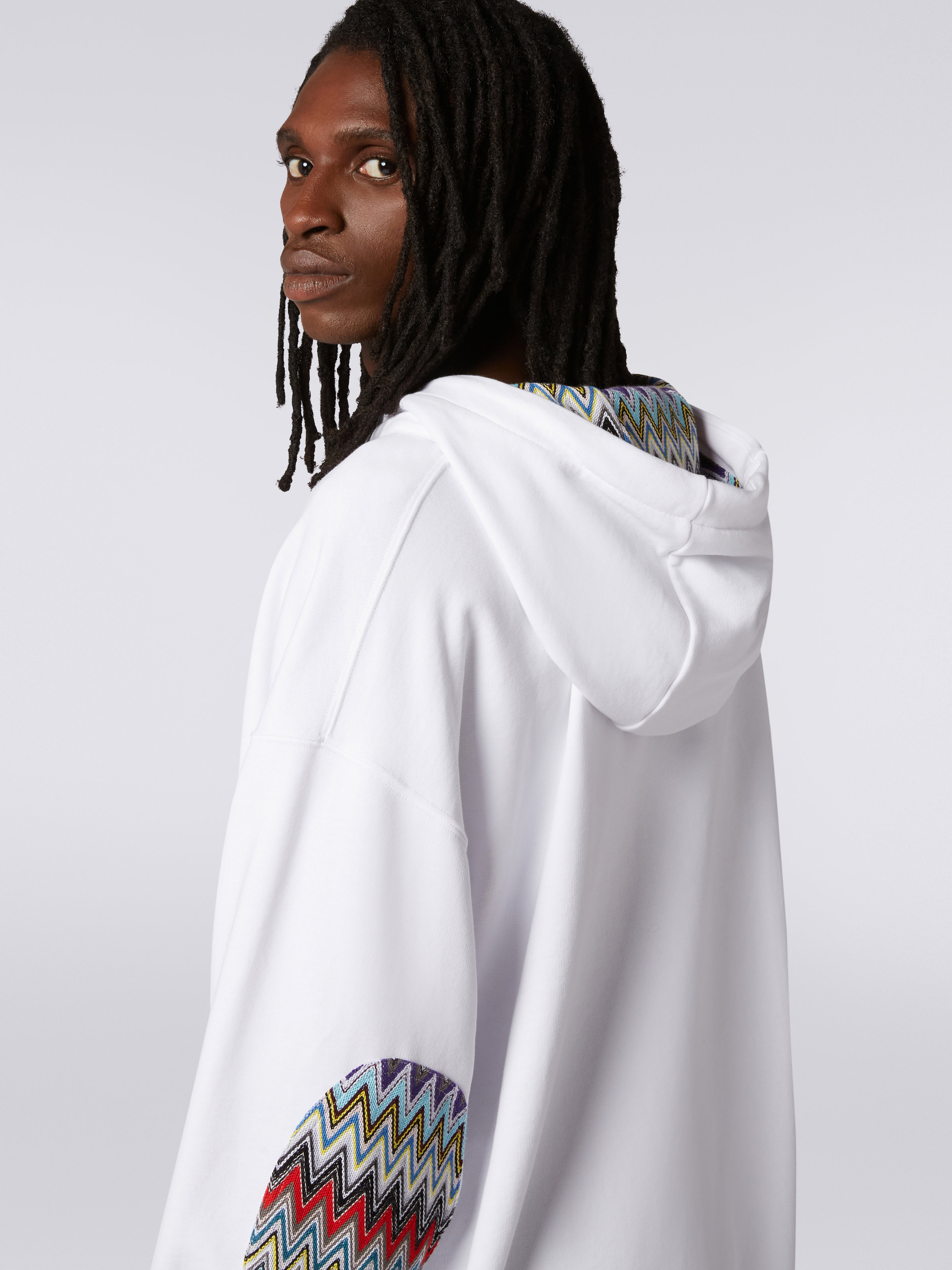 Sudadera de algodón con capucha, cremallera y detalles de punto multicolor, Blanco  - 4