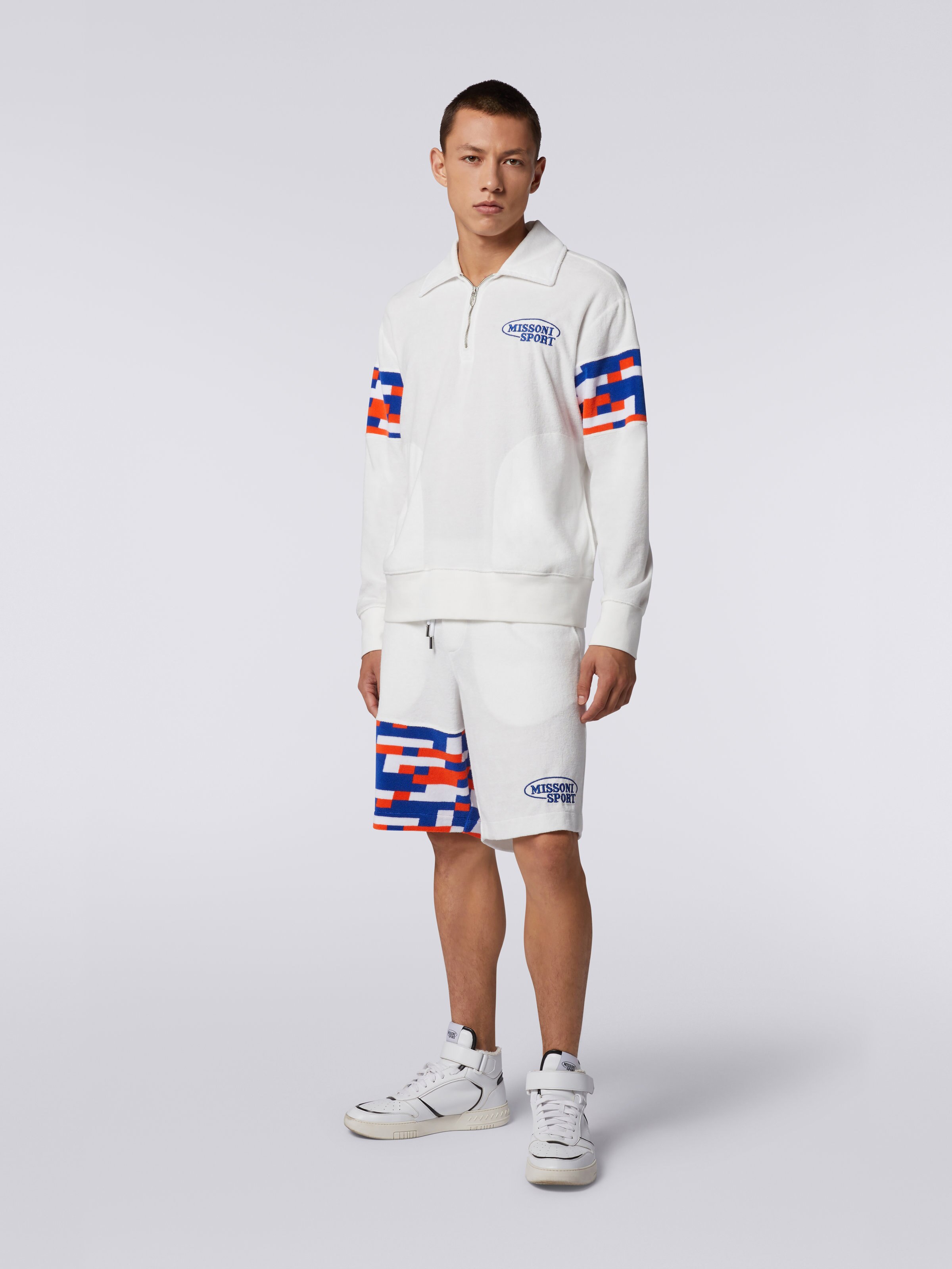 Cotton blend terry sweatshirt with embroidered logo and zip collar, Multicoloured - 1
