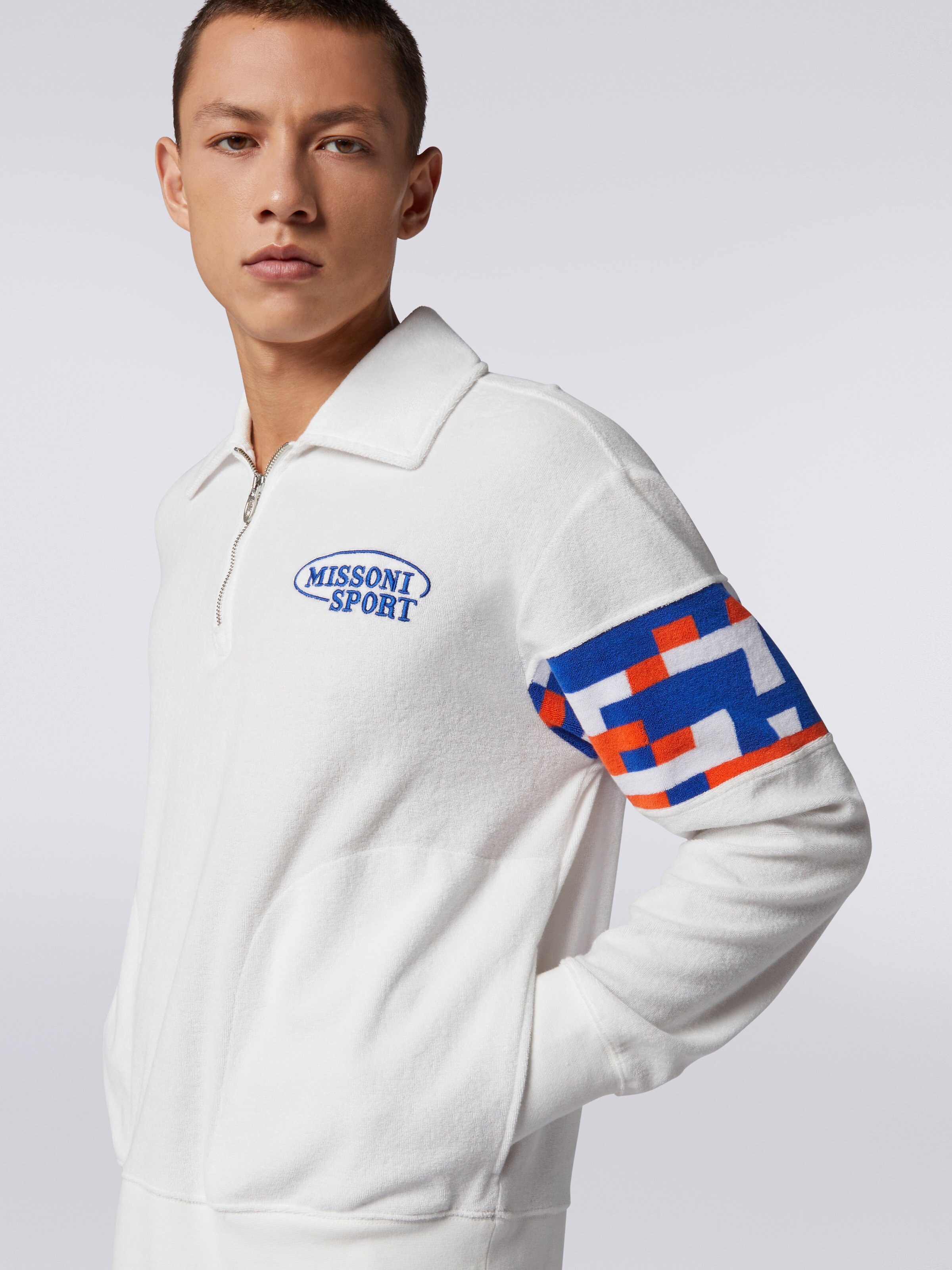 Cotton blend terry sweatshirt with embroidered logo and zip collar, Multicoloured - 4