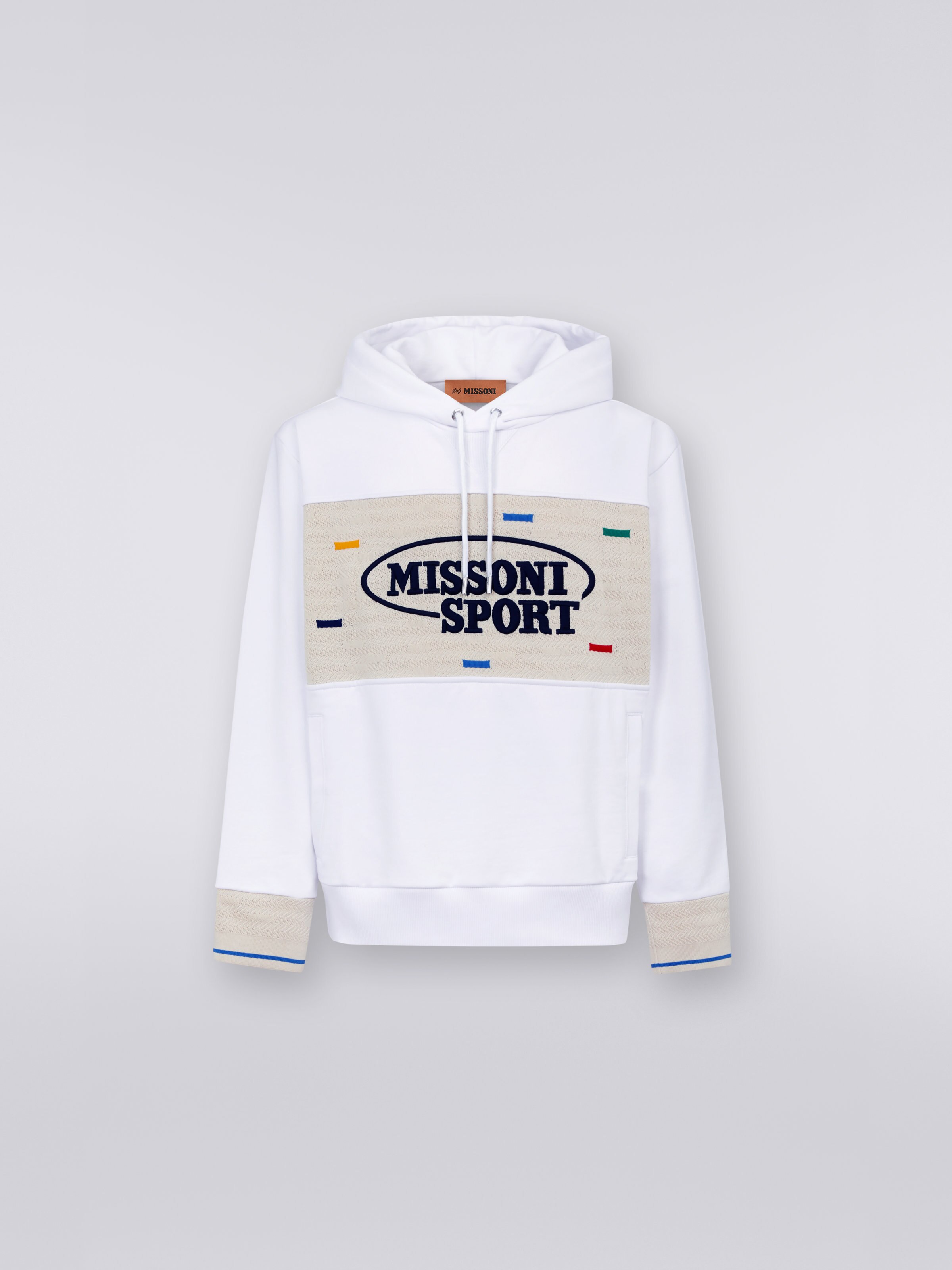 Cotton hoodie with knitted inserts and Legacy logo, White & Multicoloured Heritage - 0