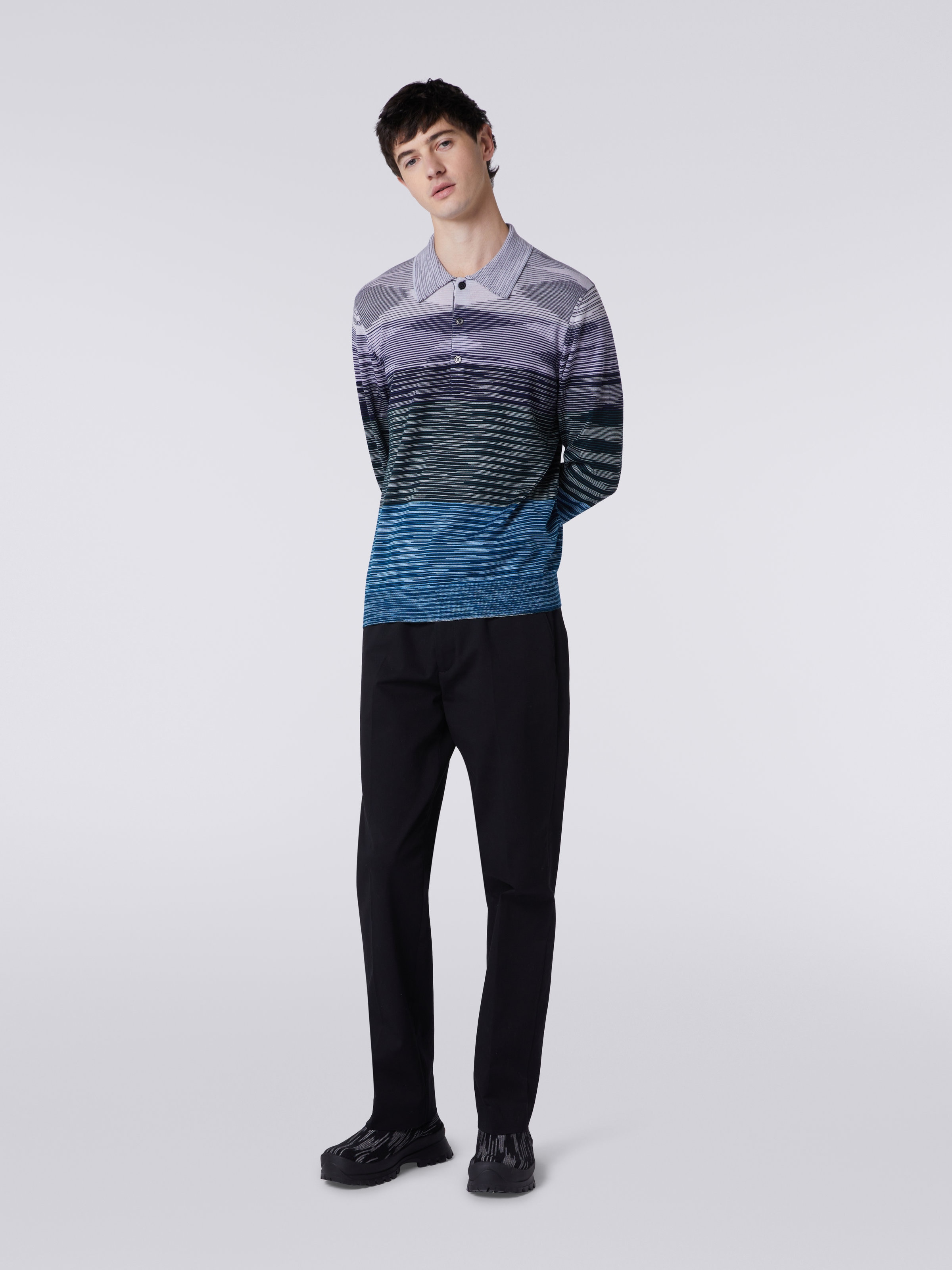 Long-sleeved polo shirt in slub wool, Multicoloured  - 1