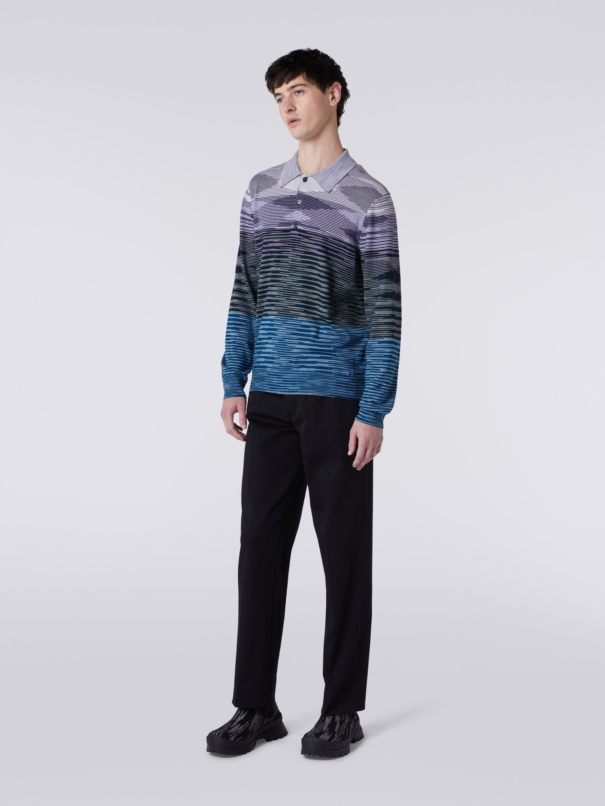 Long-sleeved polo shirt in slub wool, Multicoloured  - 2
