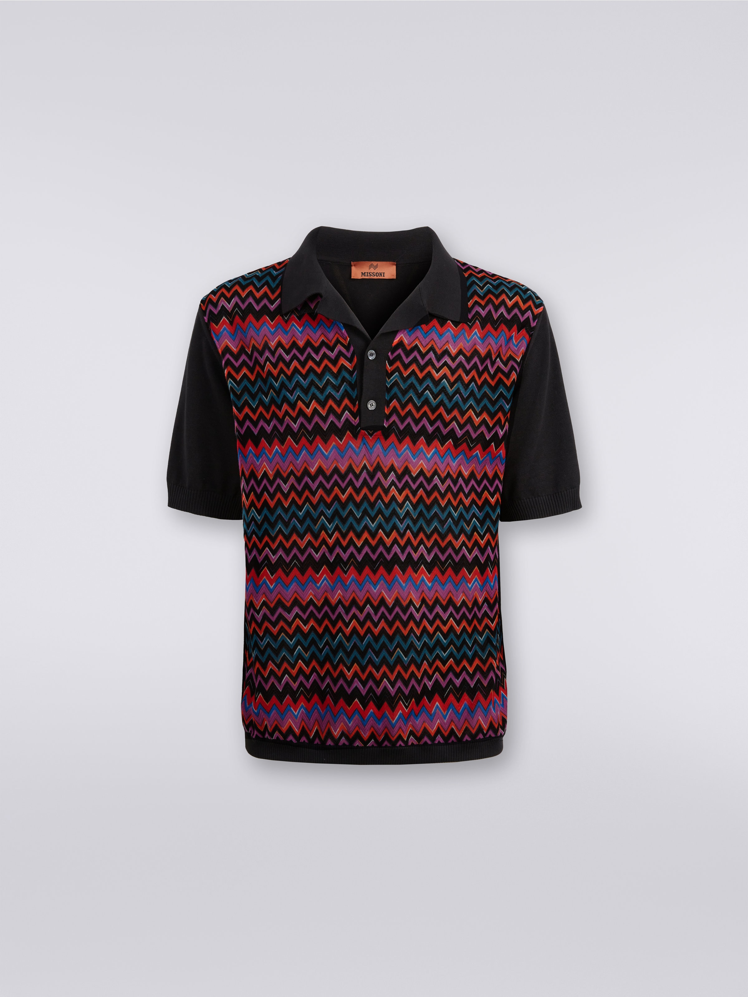 Short-sleeved polo shirt in cotton, viscose and silk chevron, Black    - 0