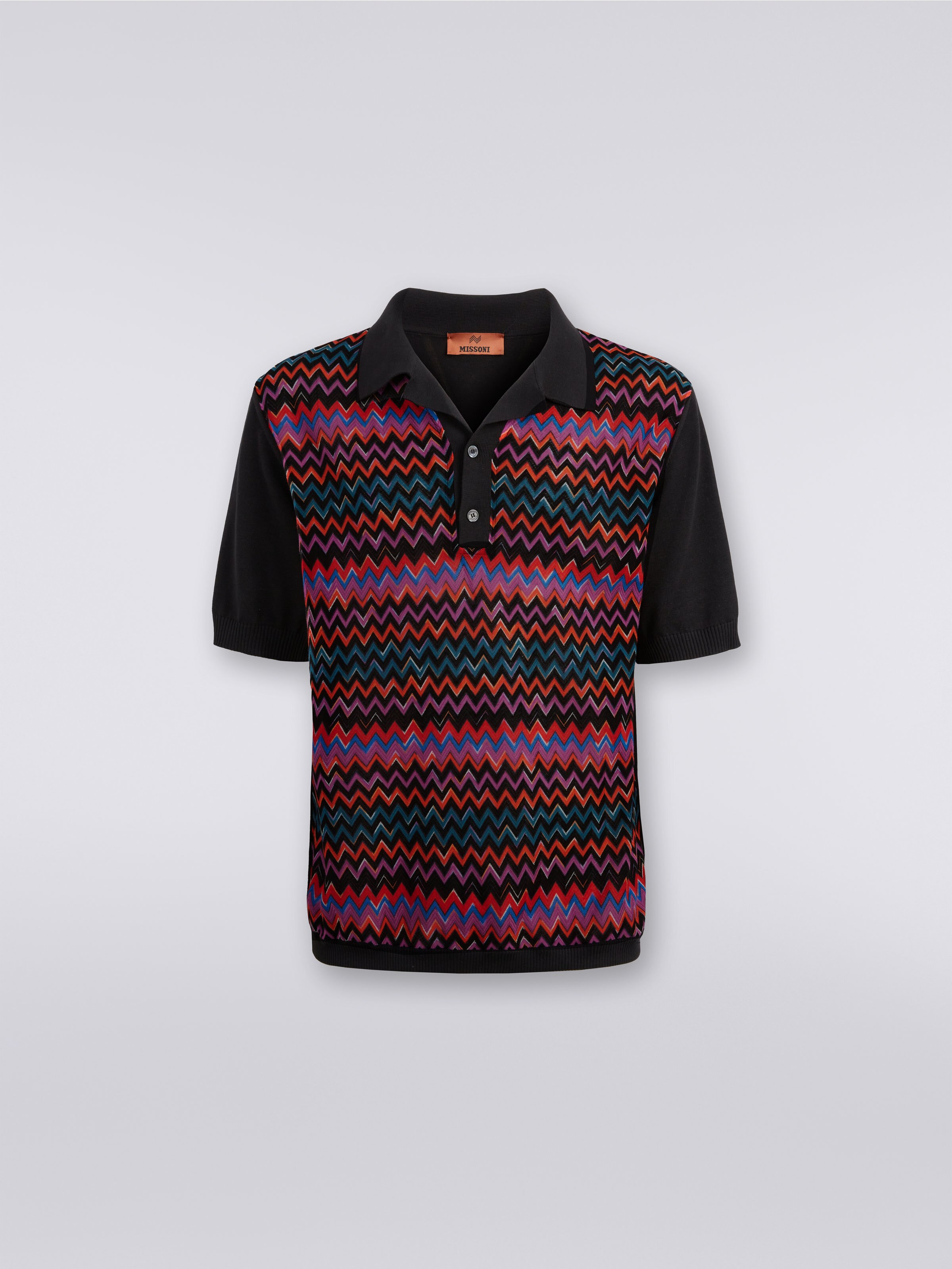 Kurzärmeliges Poloshirt aus Baumwolle, Viskose und Seide mit Chevronmuster, Schwarz    - 0