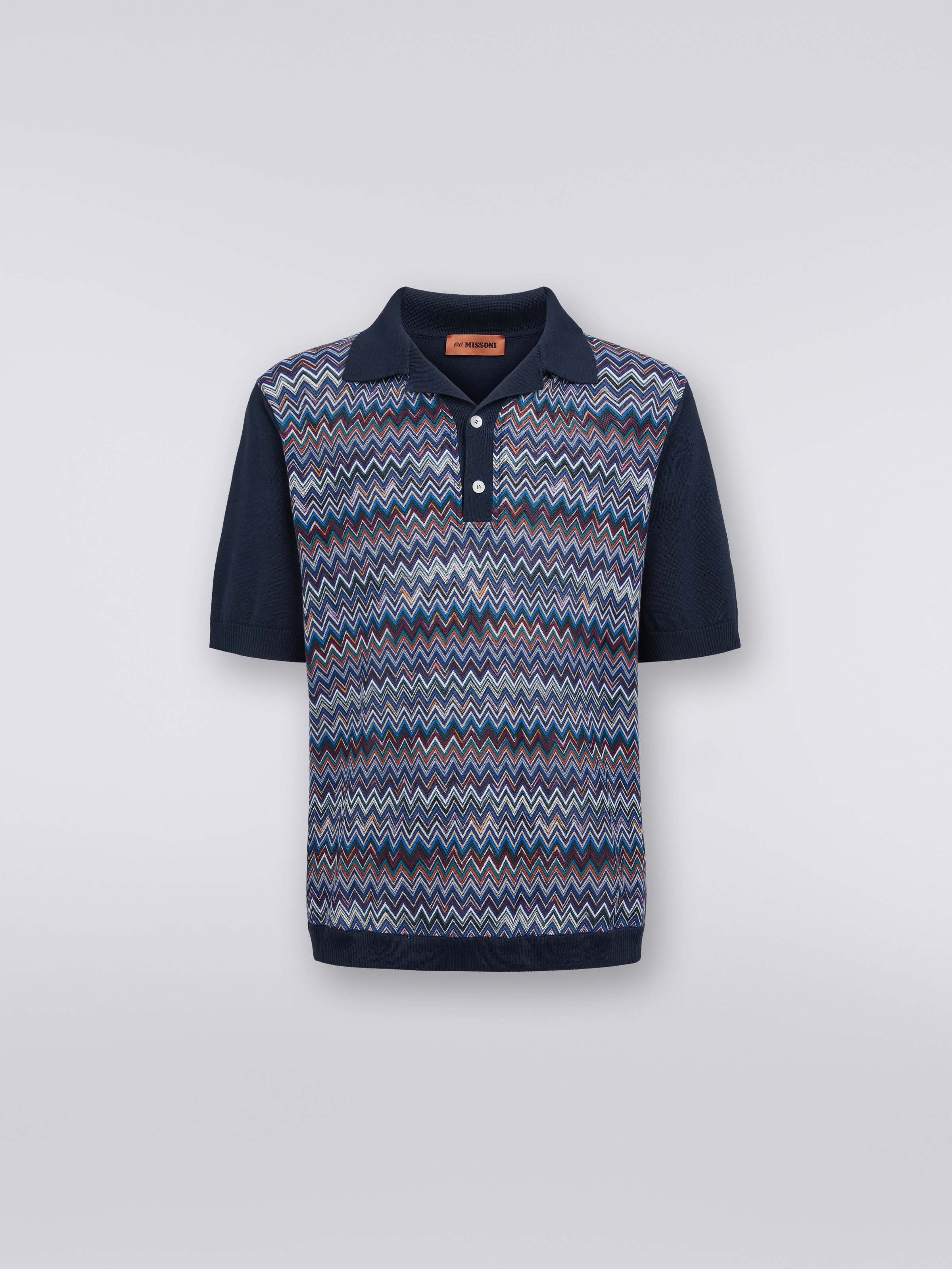 Polo à manches courtes en coton, viscose et soie à chevrons, Bleu Marine  - 0