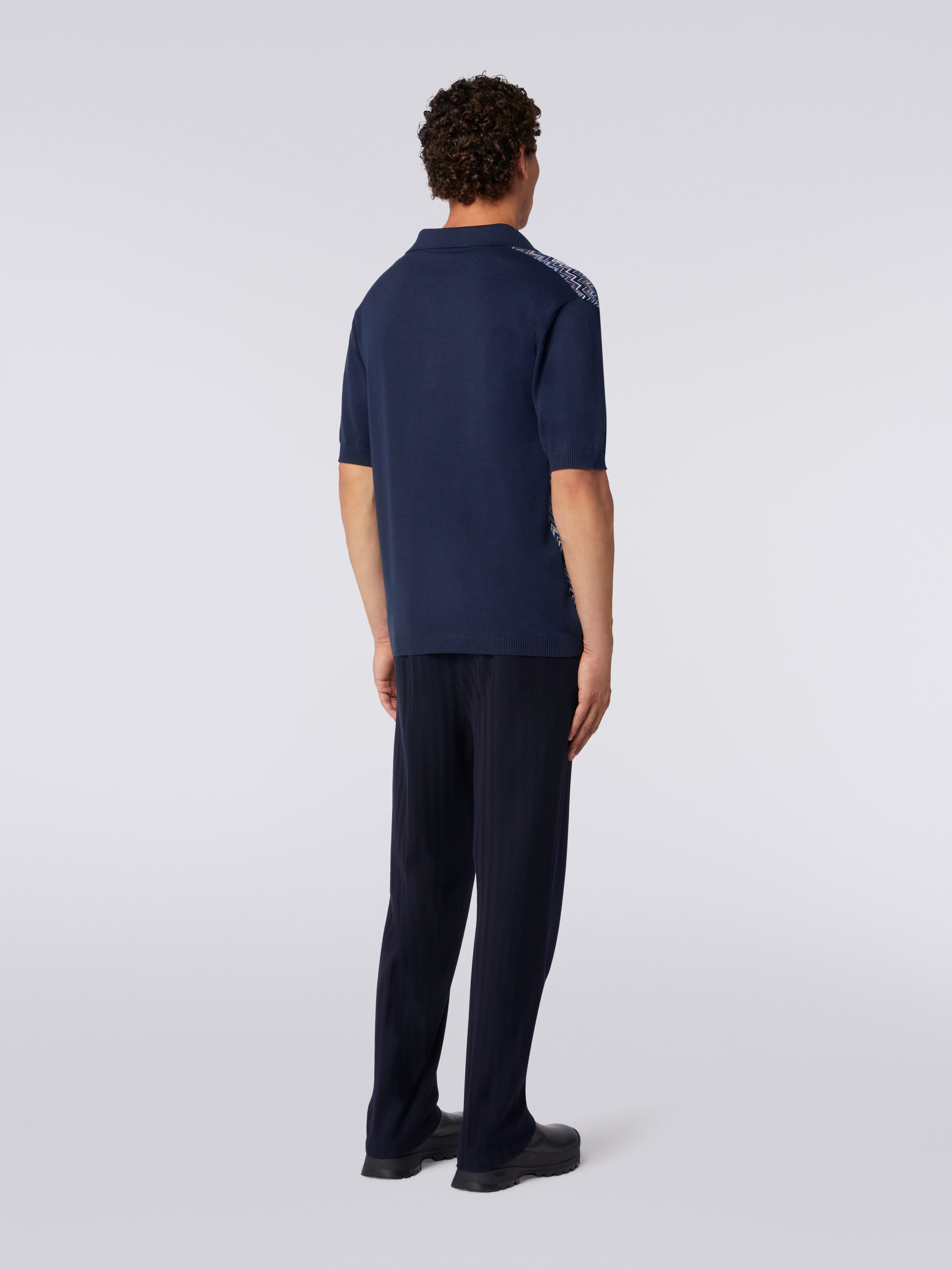 Polo à manches courtes en coton, viscose et soie à chevrons, Bleu Marine  - 3