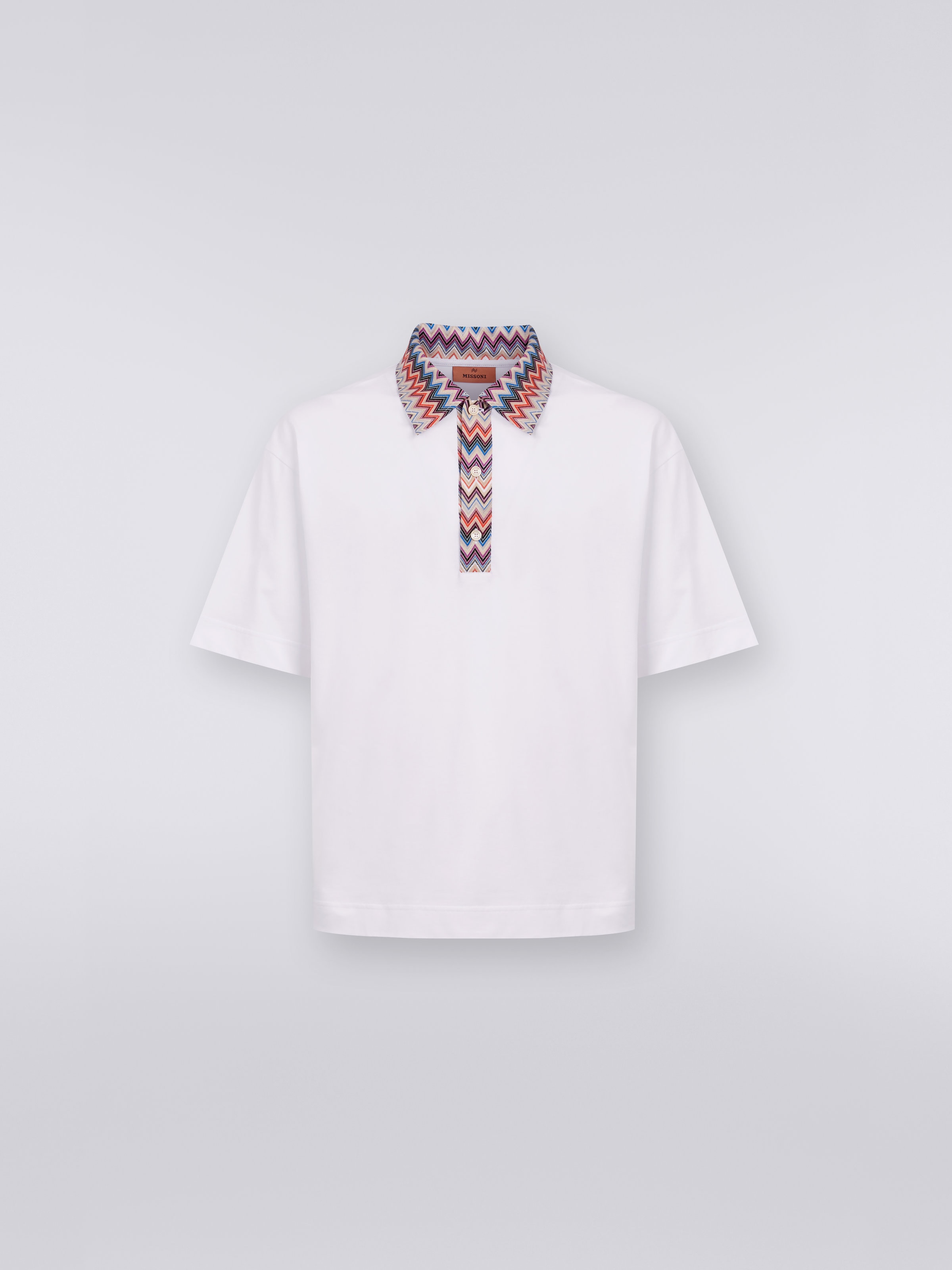 Short-sleeved cotton jersey polo shirt with zigzag inserts , Multicoloured  - 0