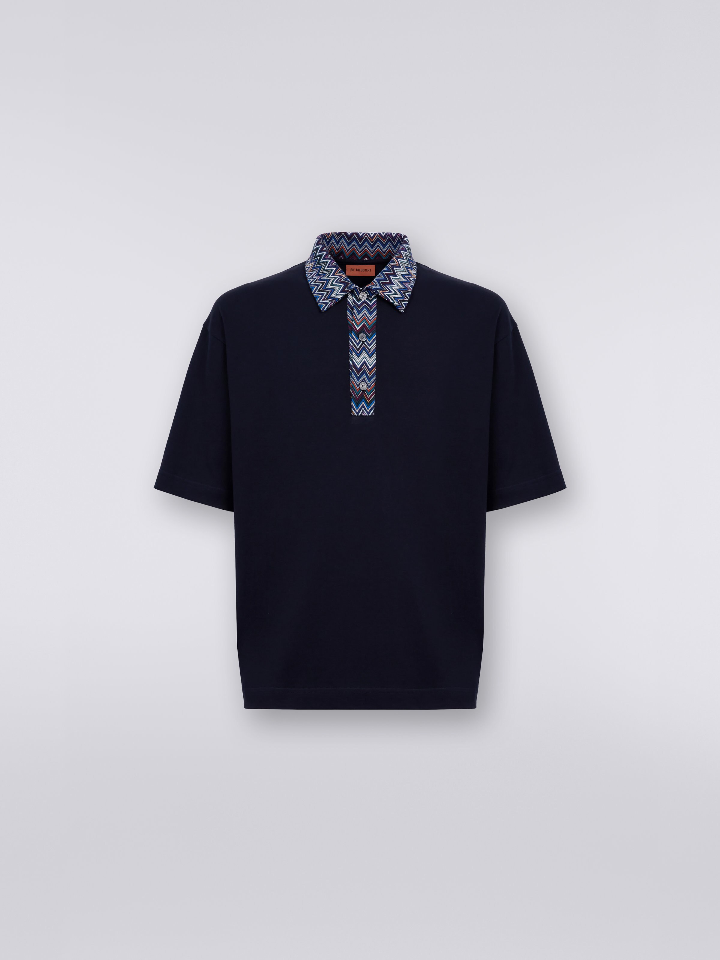 Short-sleeved cotton jersey polo shirt with zigzag inserts , Blue - 0