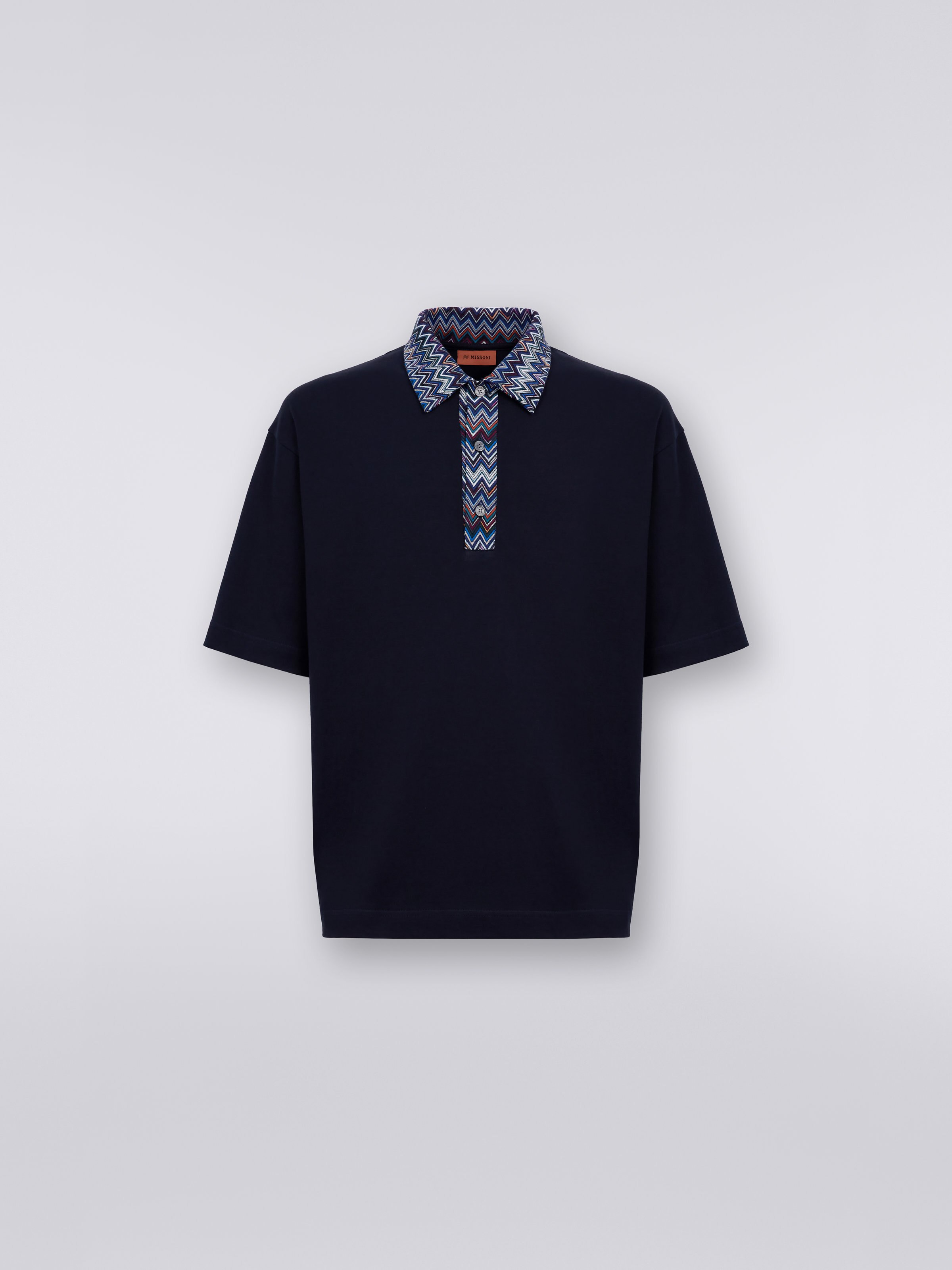 Short-sleeved cotton jersey polo shirt with zigzag inserts, Blue - 0