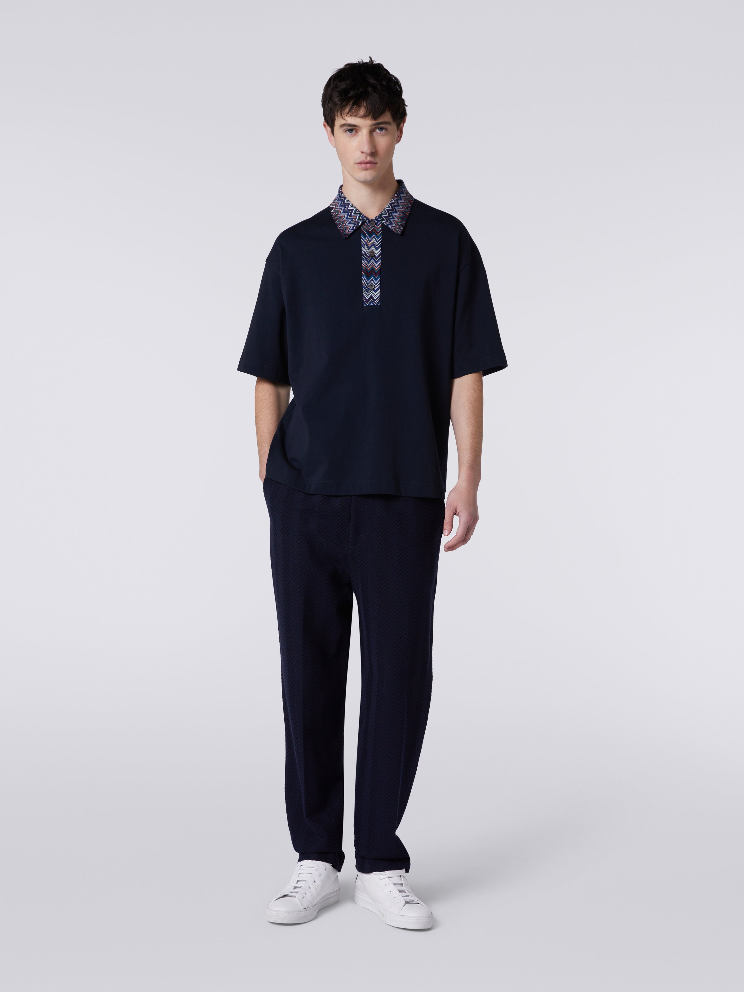 Short-sleeved cotton jersey polo shirt with zigzag inserts, Blue - 1