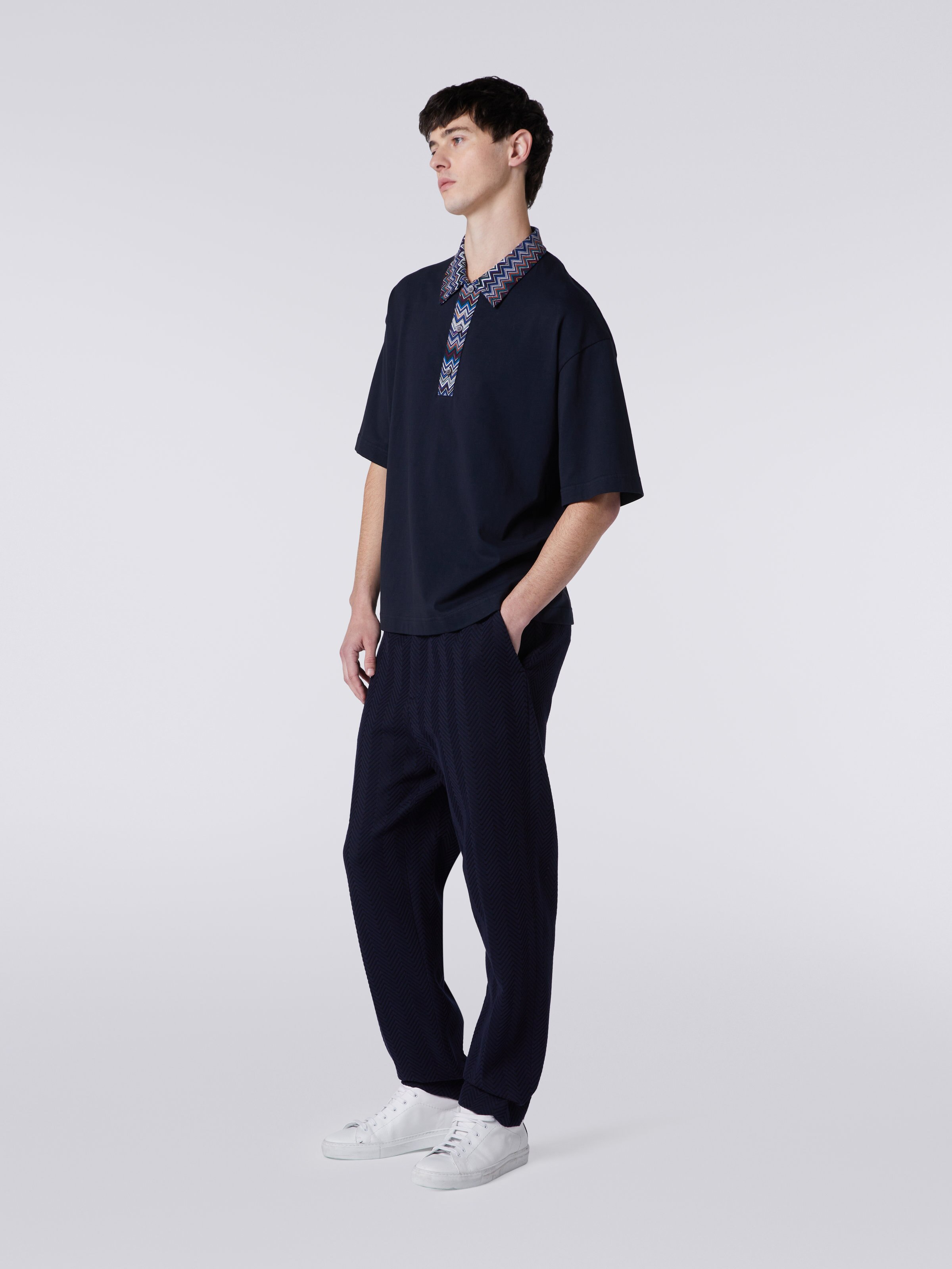 Short-sleeved cotton jersey polo shirt with zigzag inserts, Blue - 2