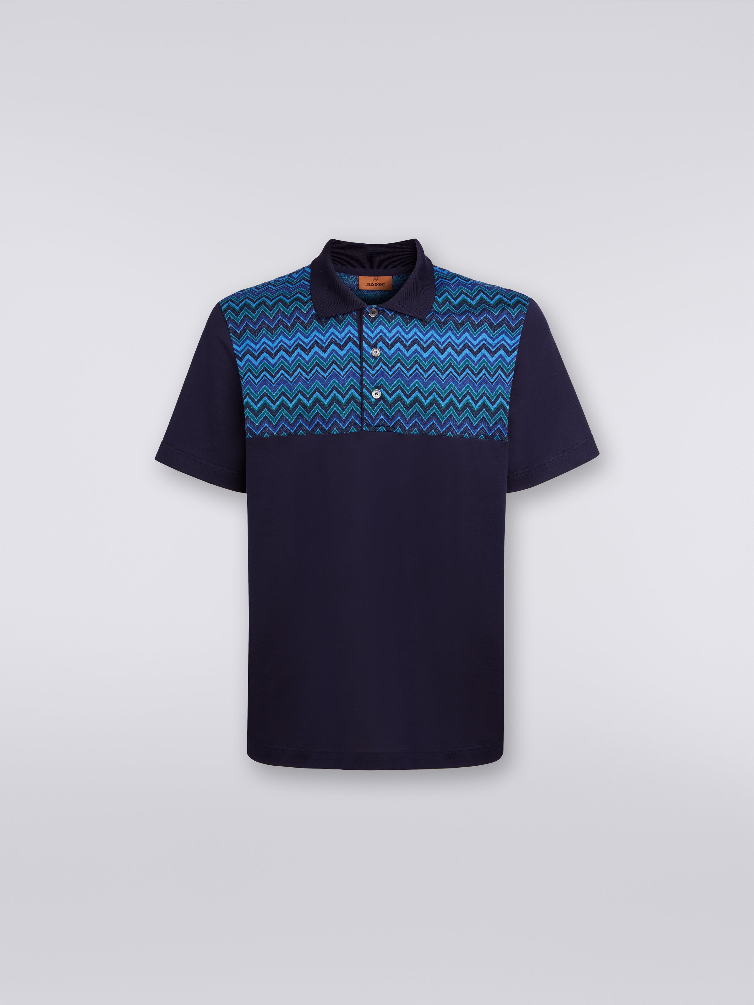 Short-sleeved cotton jersey polo shirt with zigzag inserts, Blue - 0