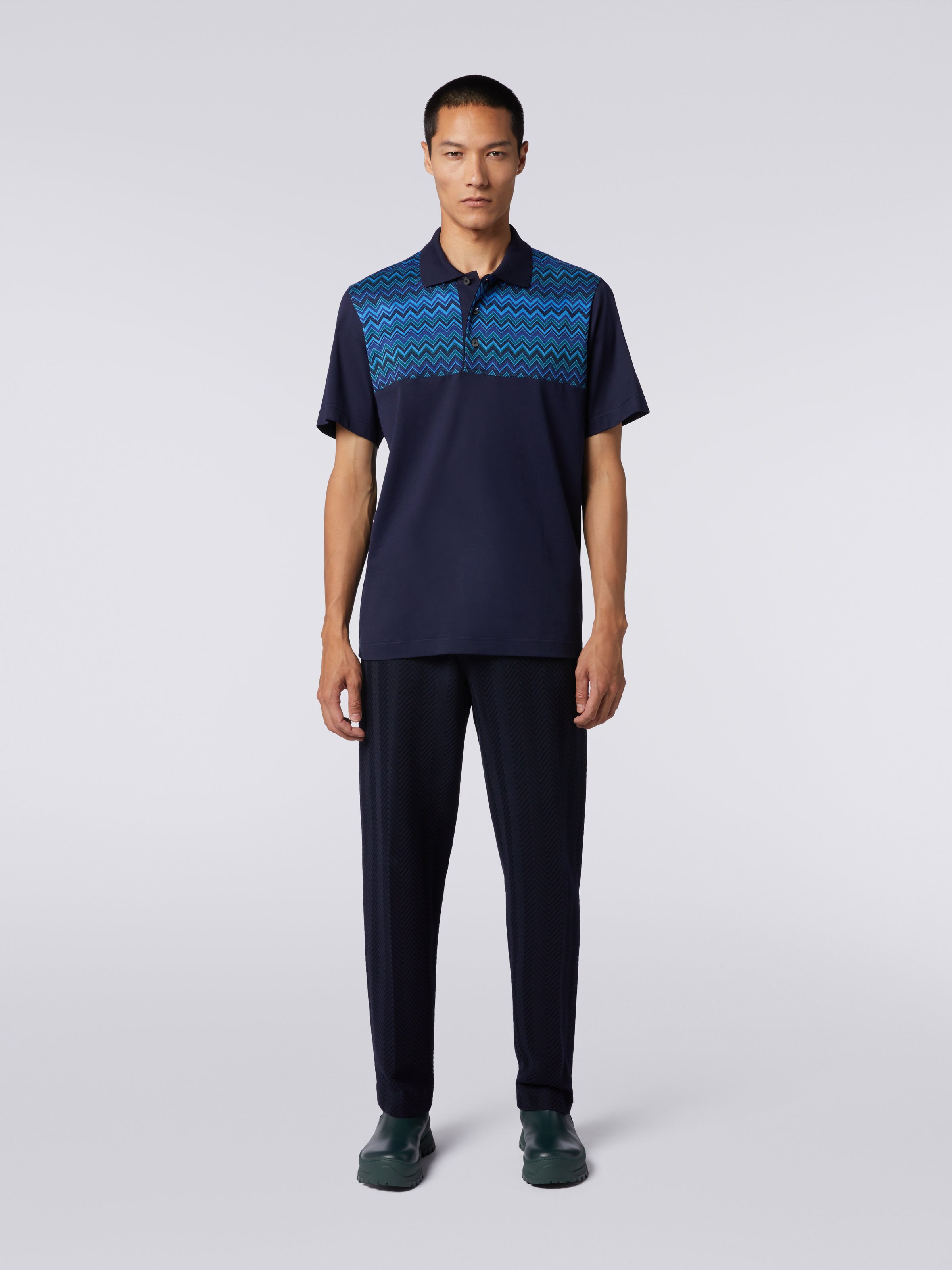 Short-sleeved cotton jersey polo shirt with zigzag inserts, Blue - 1