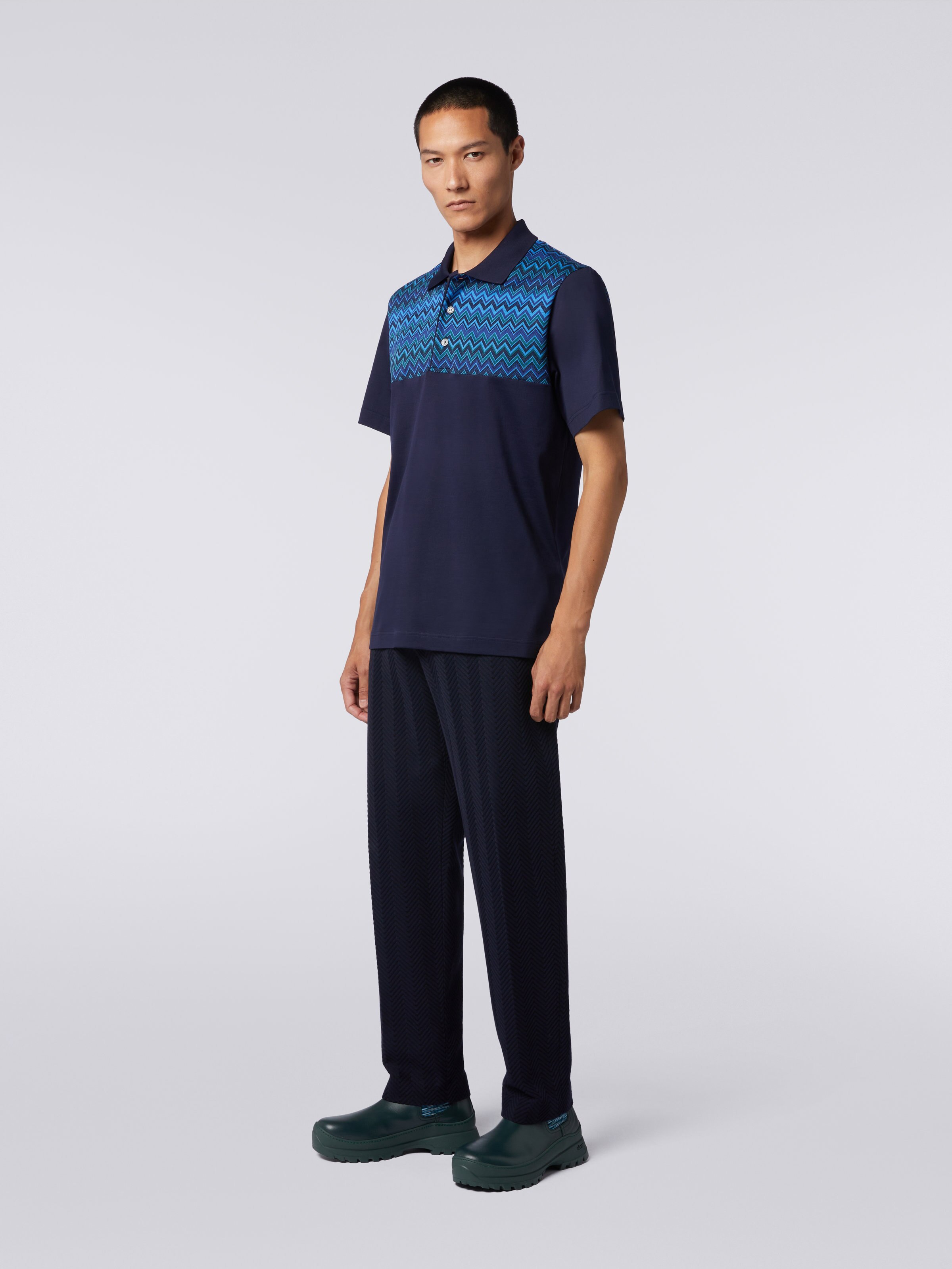 Short-sleeved cotton jersey polo shirt with zigzag inserts, Blue - 2