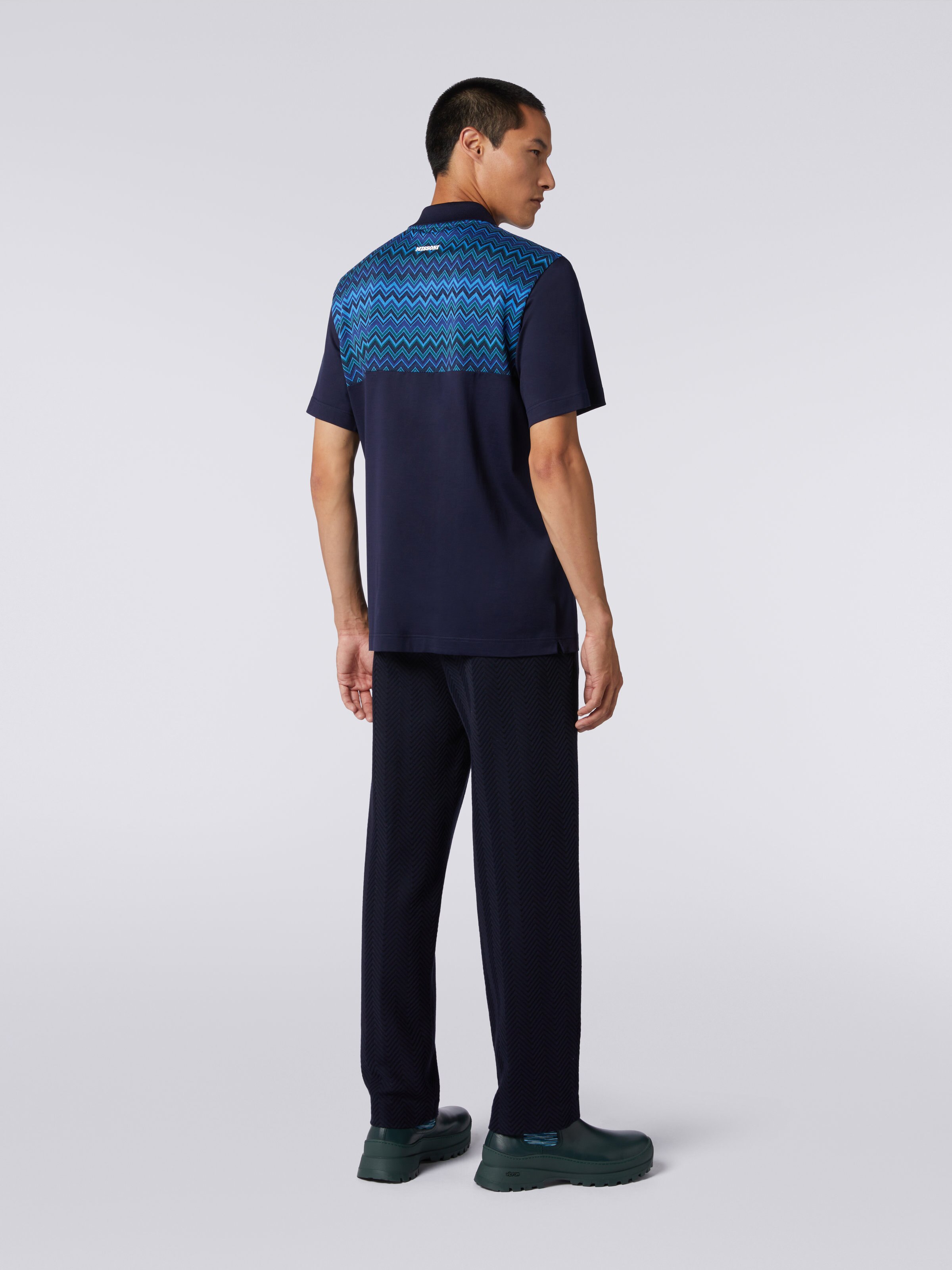 Short-sleeved cotton jersey polo shirt with zigzag inserts, Blue - 3
