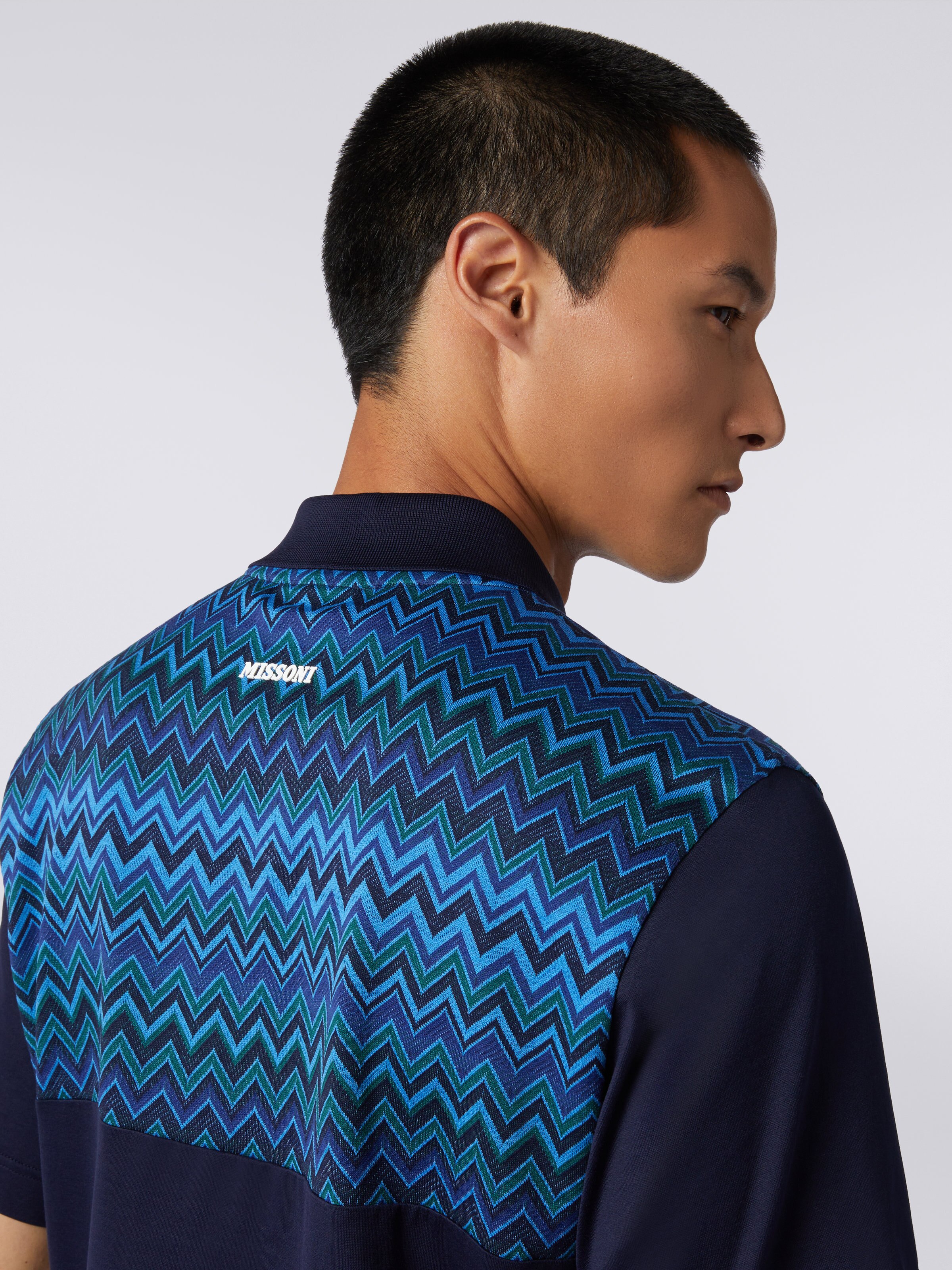Short-sleeved cotton jersey polo shirt with zigzag inserts, Blue - 4