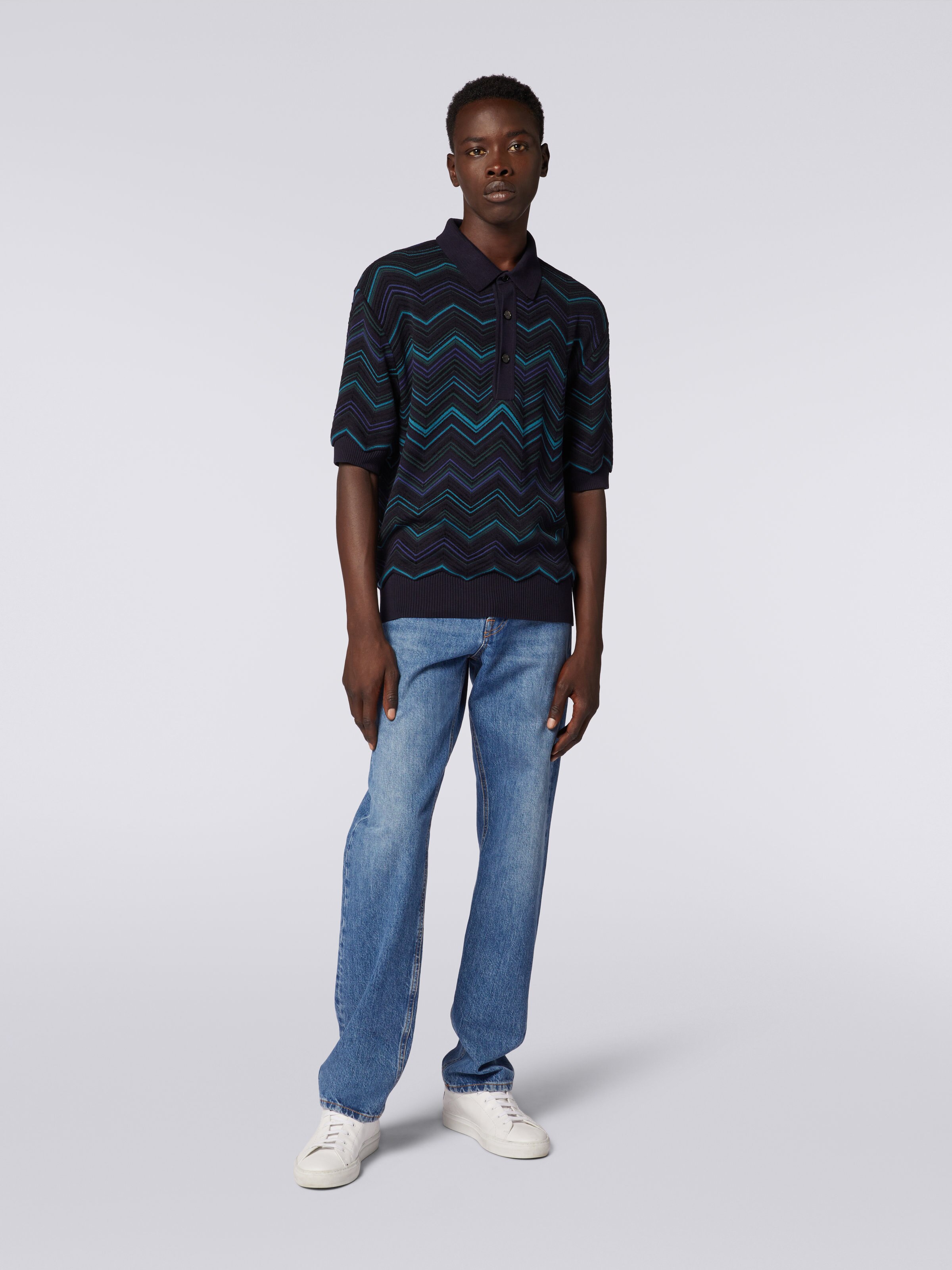 Cotton blend chevron short-sleeved polo shirt, Multicoloured  - 1
