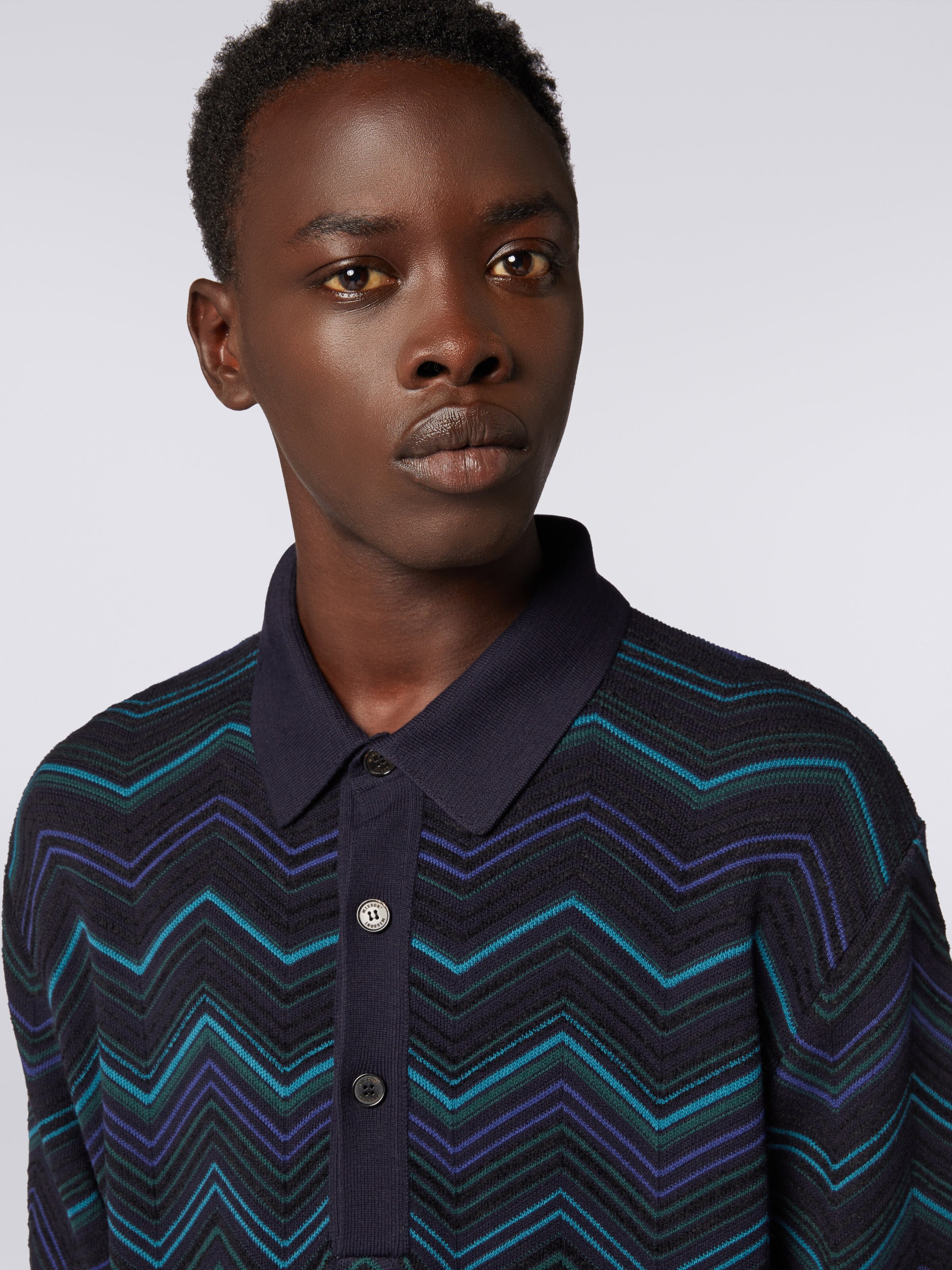 Cotton blend chevron short-sleeved polo shirt, Multicoloured  - 4