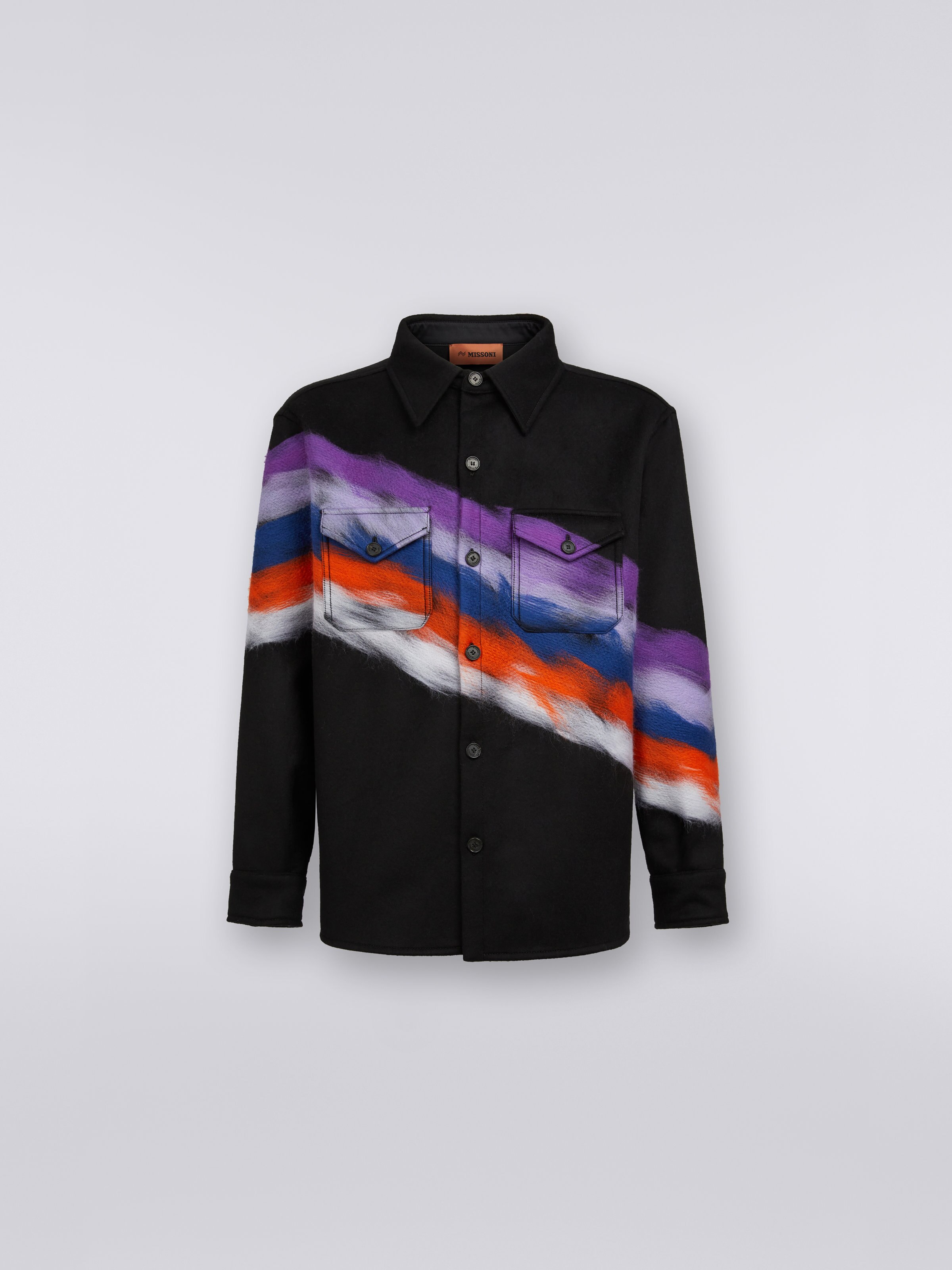 Wool blend overshirt with slub motif, Black    - 0