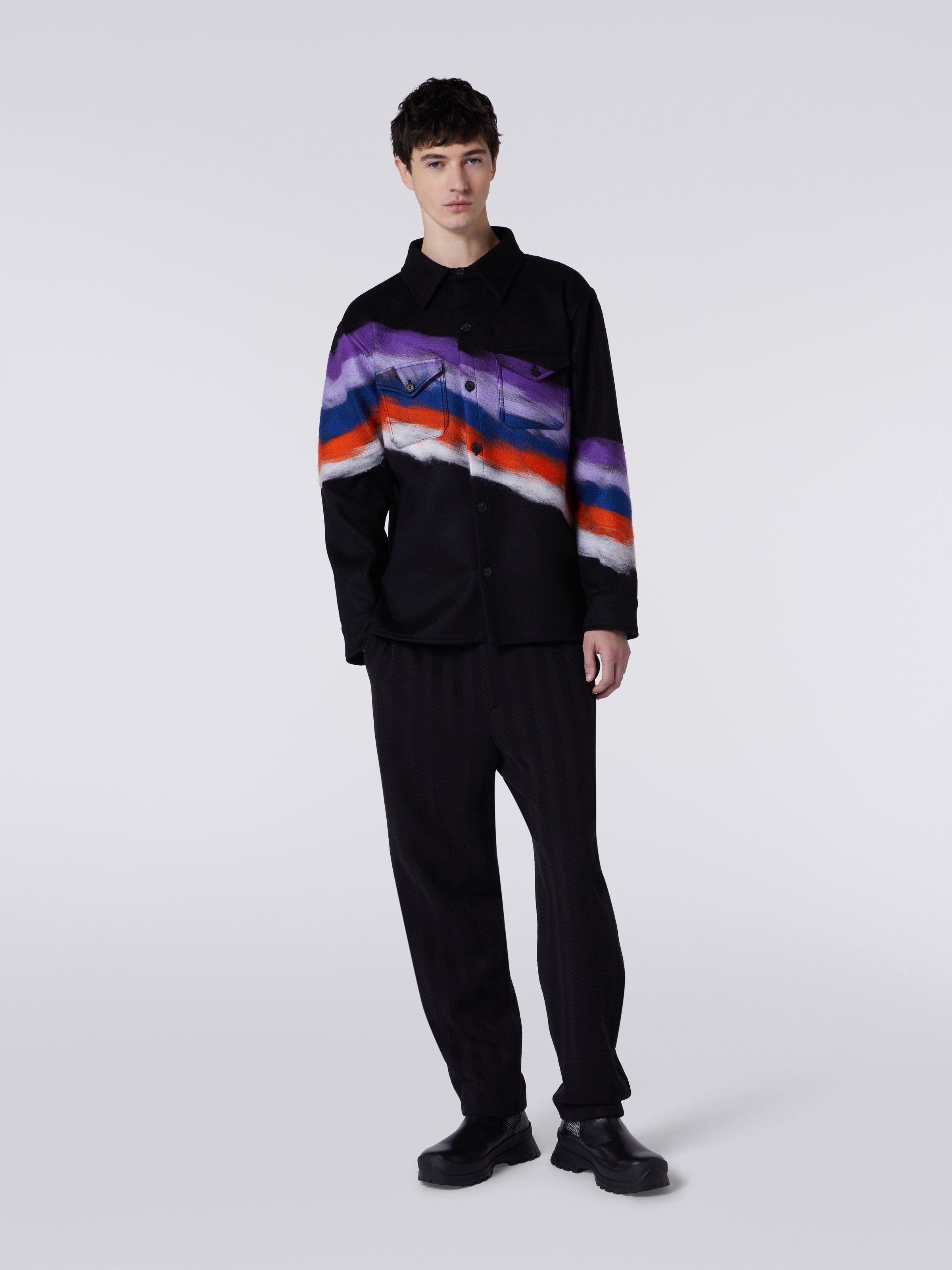 Wool blend overshirt with slub motif, Black    - 1
