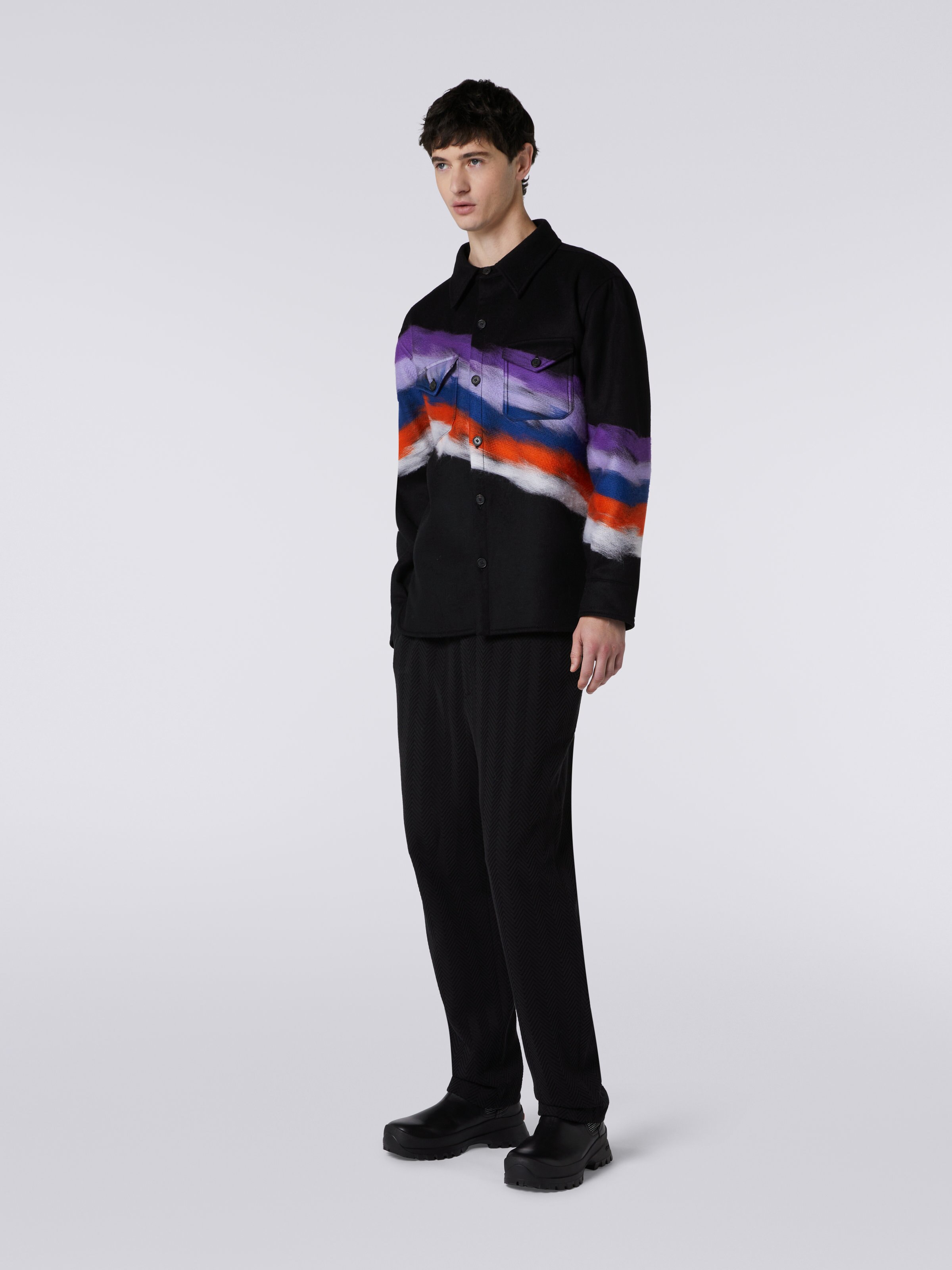 Wool blend overshirt with slub motif, Black    - 2