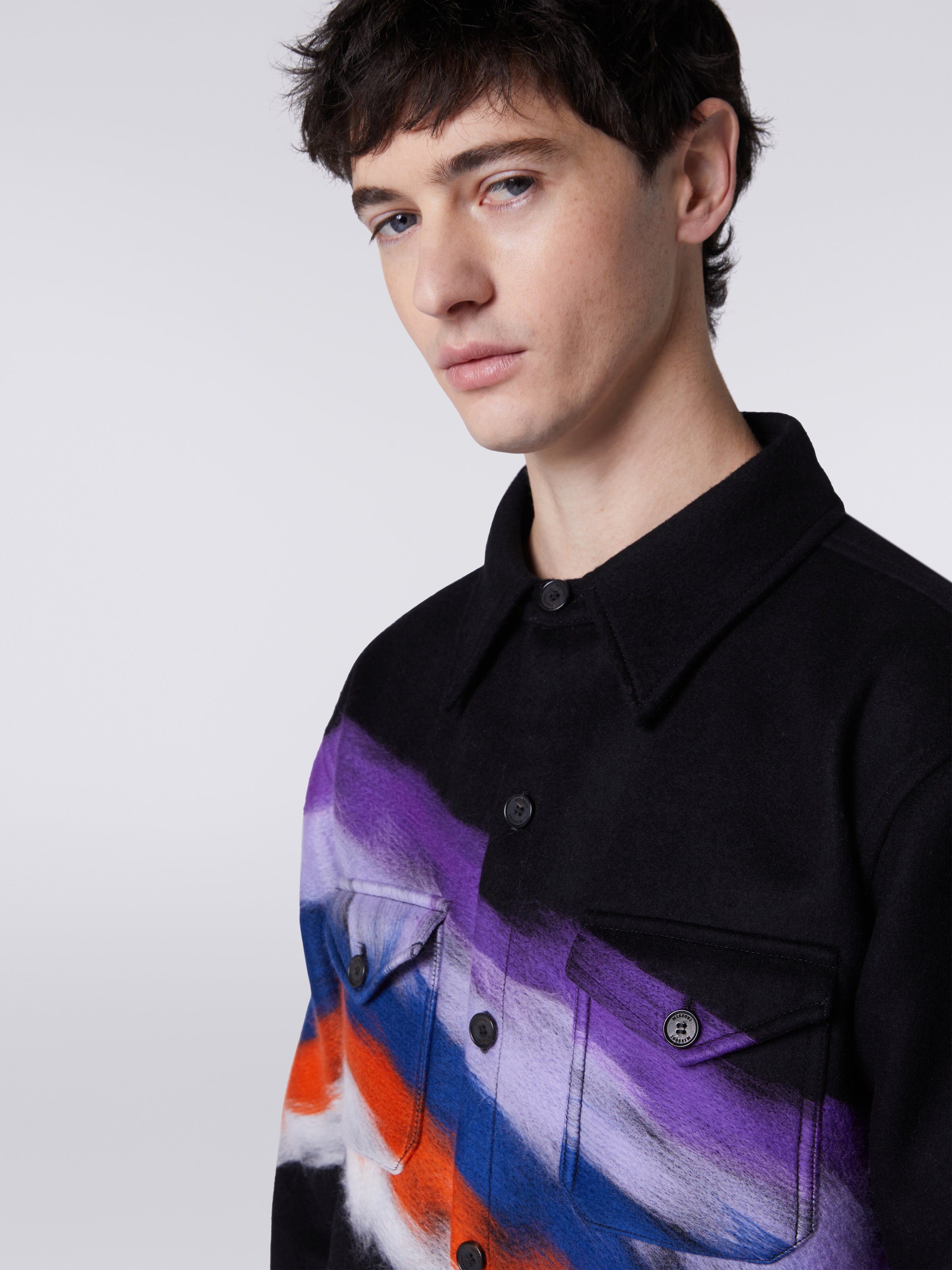 Wool blend overshirt with slub motif, Black    - 4