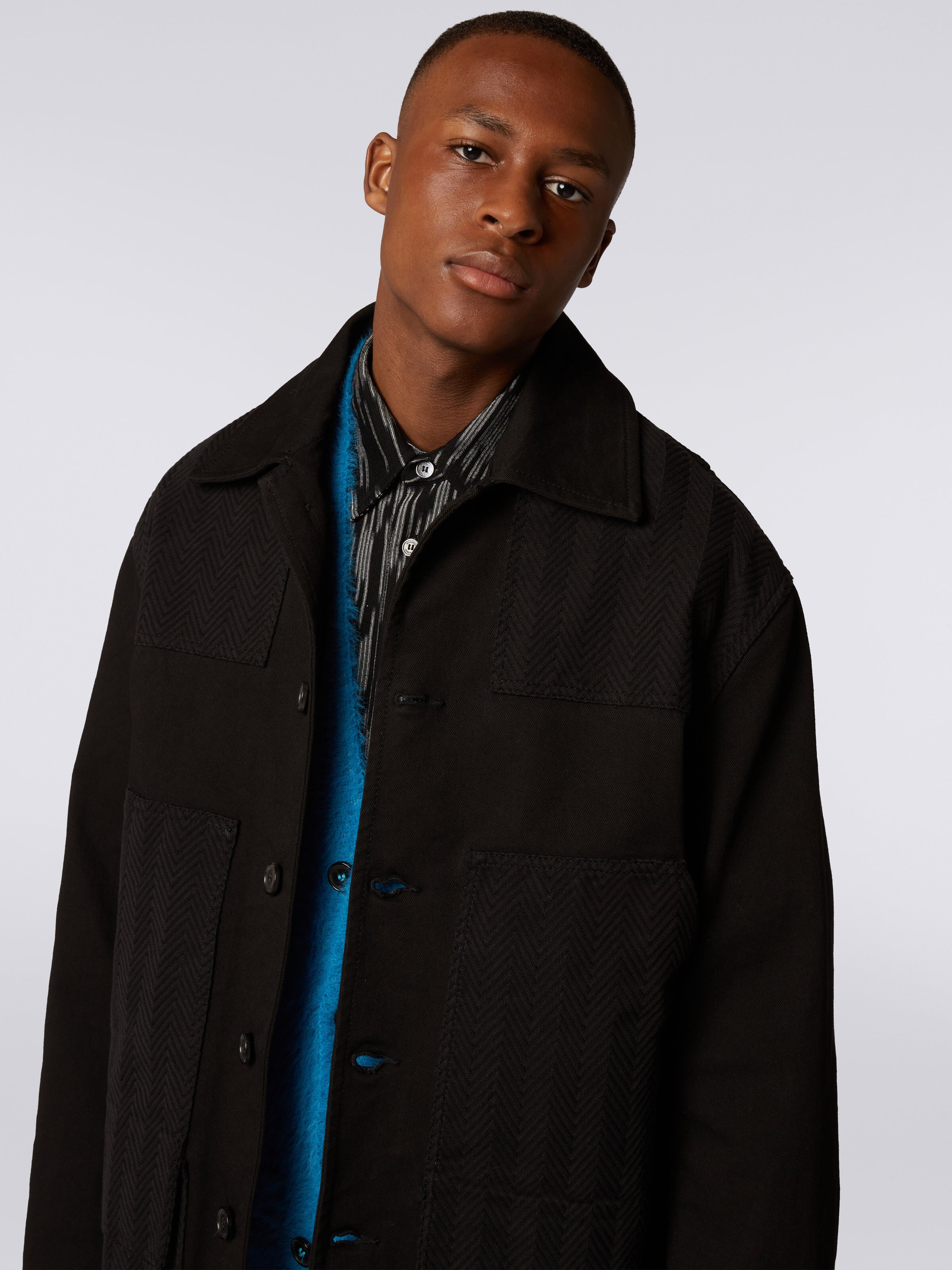 Cotton overshirt with chevron inserts, Black    - 4