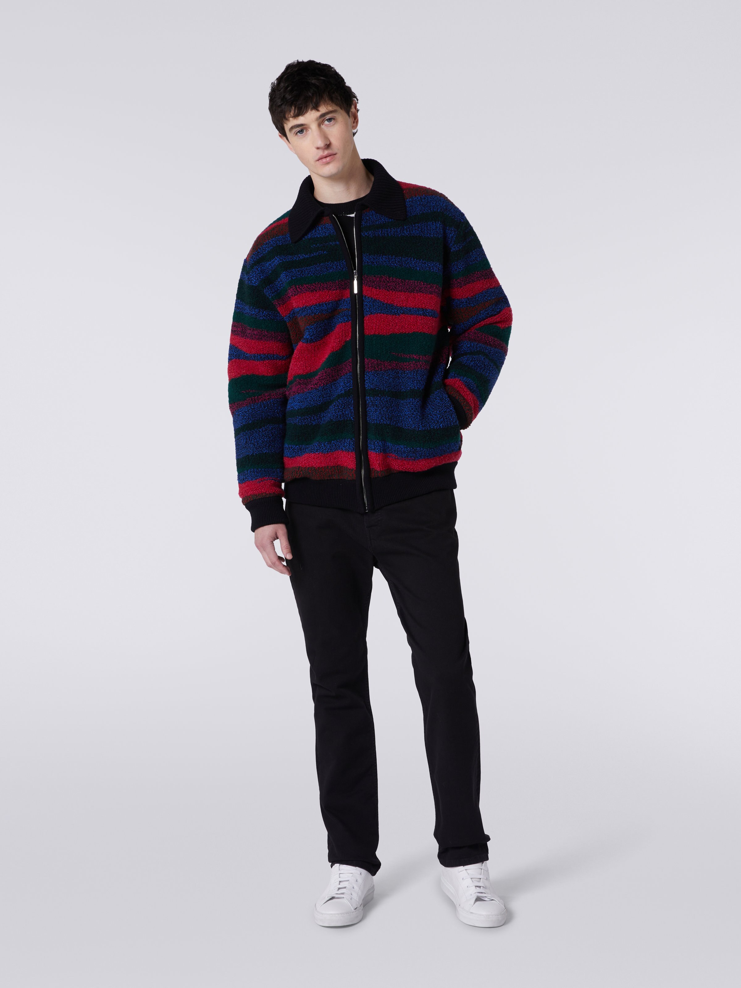Fur-effect wool bomber jacket with zip, Black    - 1