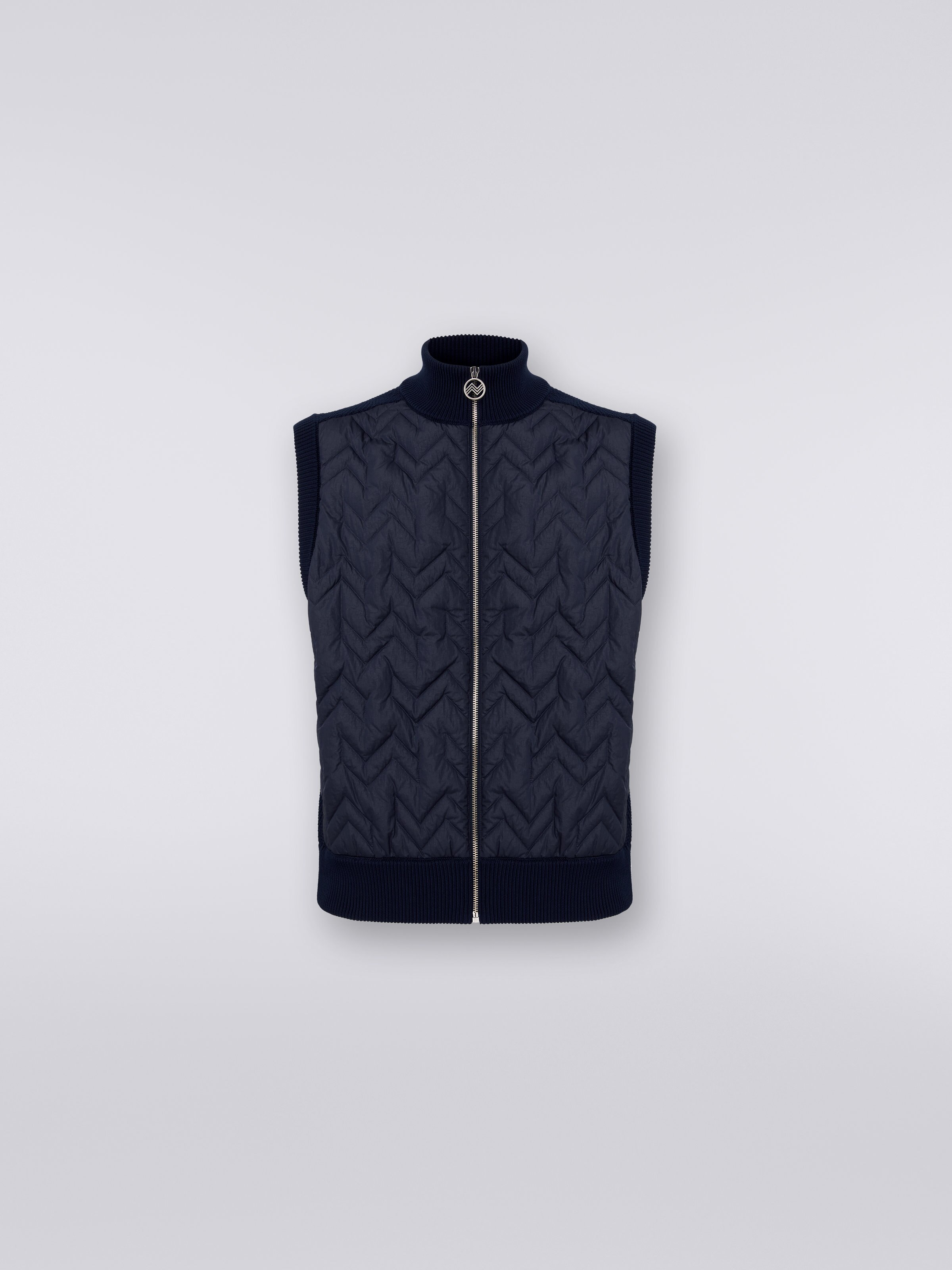 Zigzag stitched waistcoat with knitted back and piping, Navy Blue  - 0