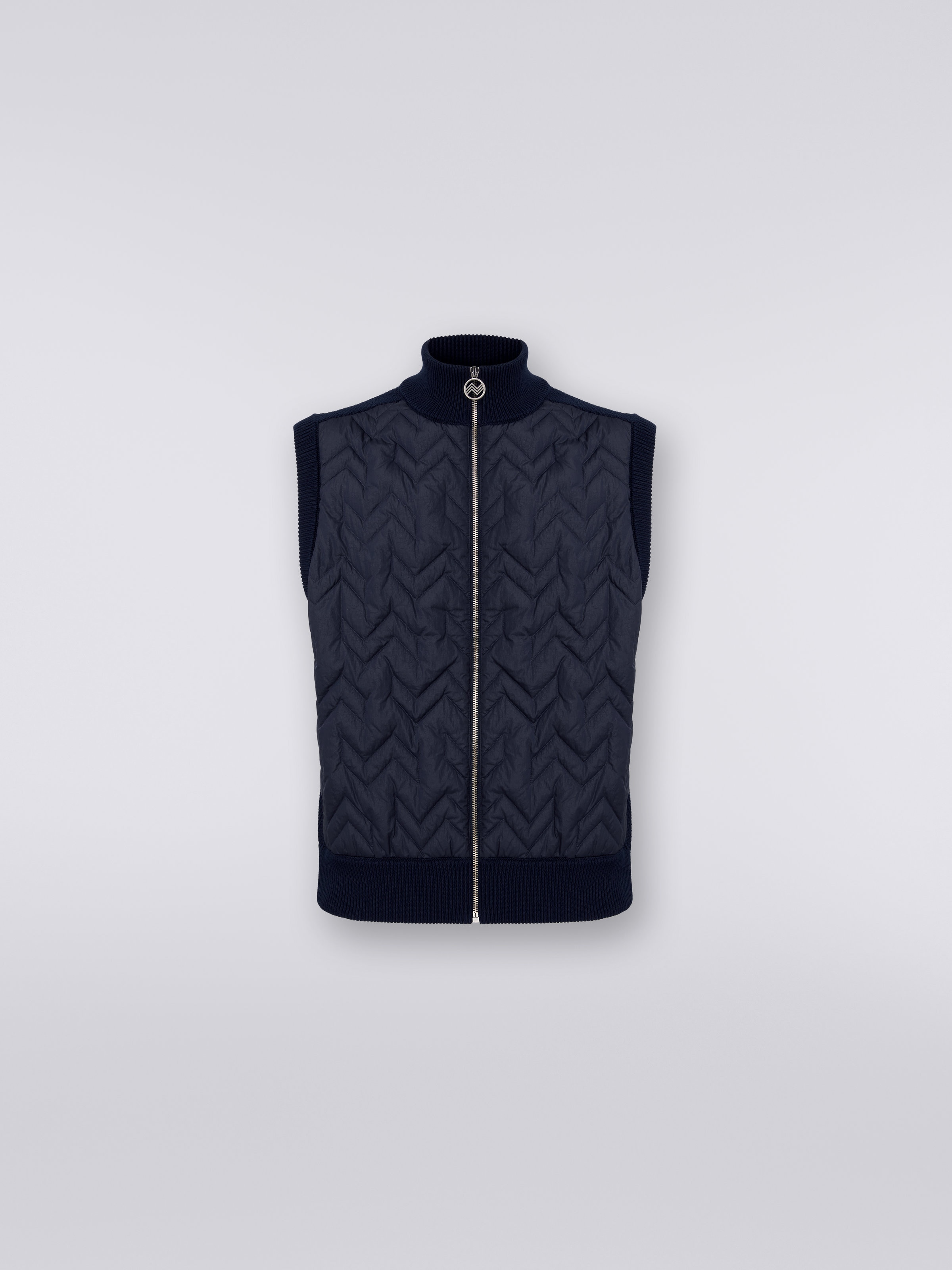 Gilet à surpiqûres en zig zag avec dos et bordures tricotées, Bleu Marine  - 0