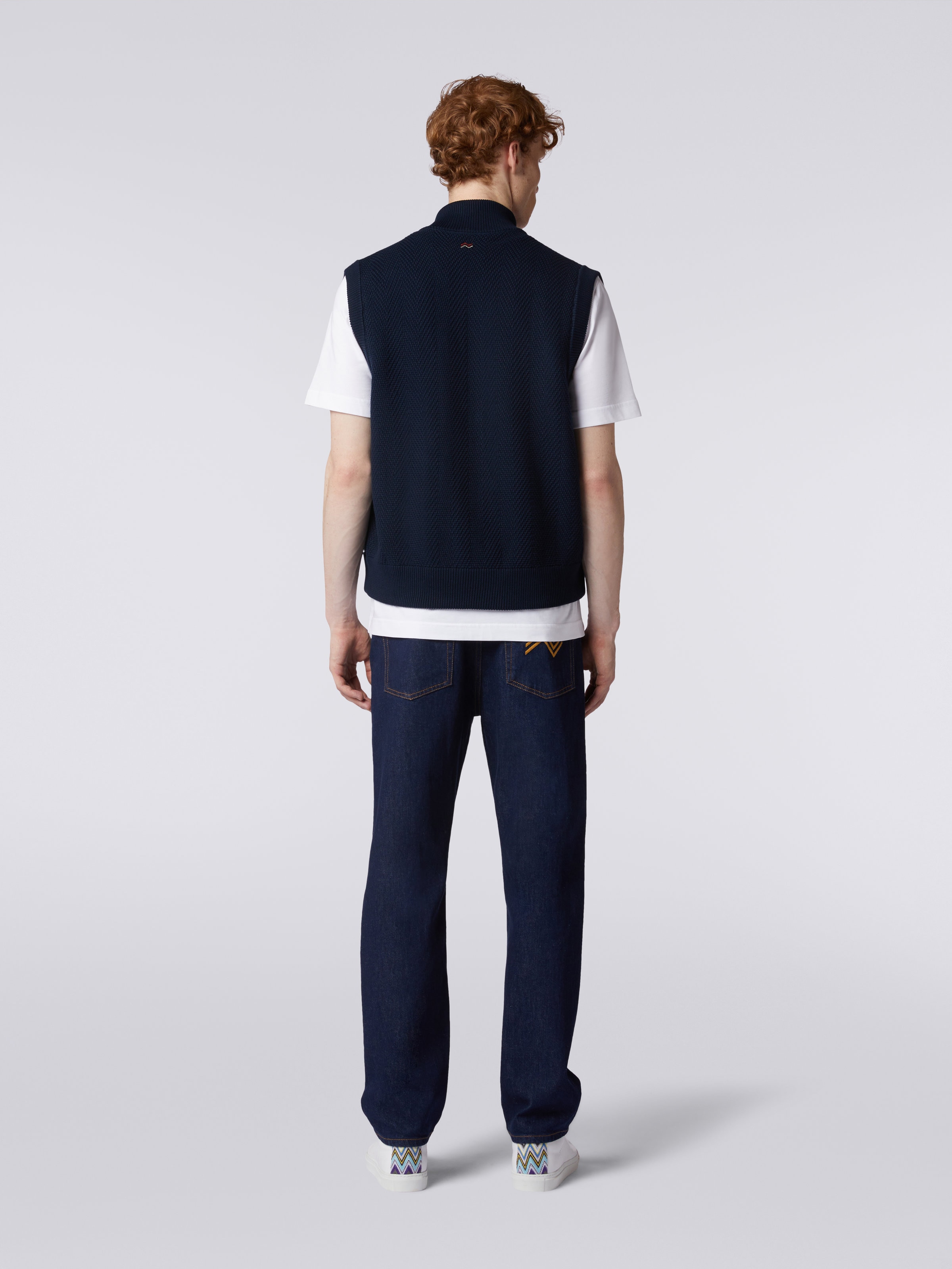 Gilet à surpiqûres en zig zag avec dos et bordures tricotées, Bleu Marine  - 3