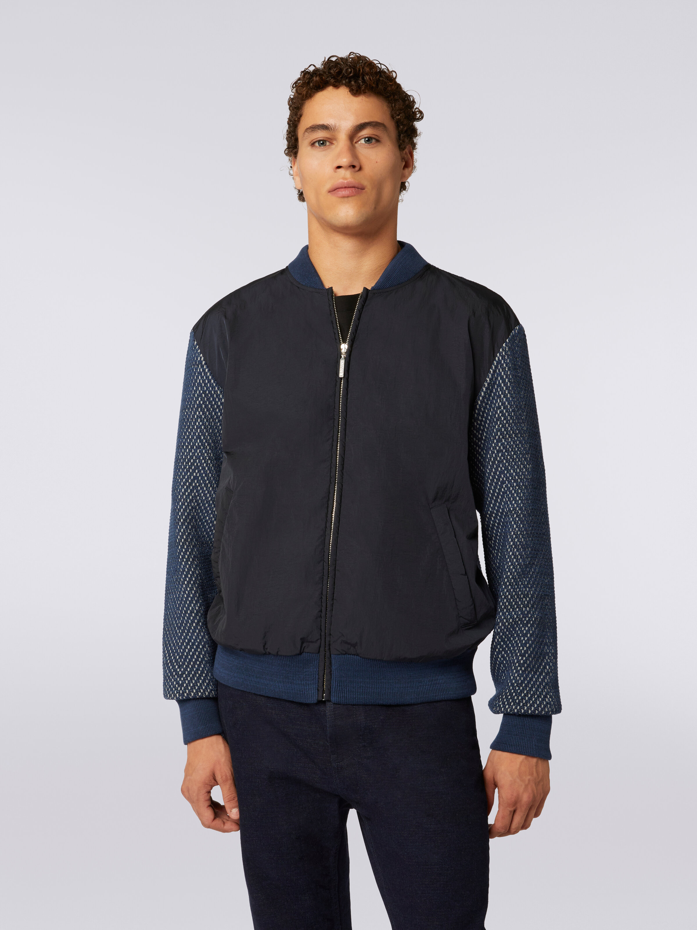 Cotton and nylon blend bomber jacket, Blue & Grey  - 4