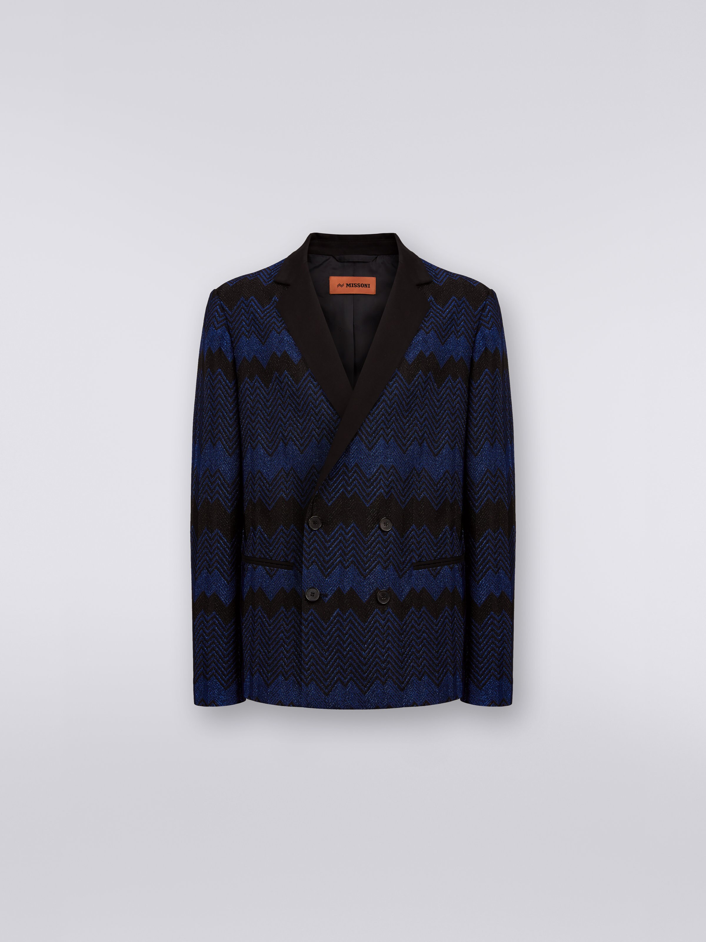 Double-breasted viscose chevron jacket with lurex, Blue - 0