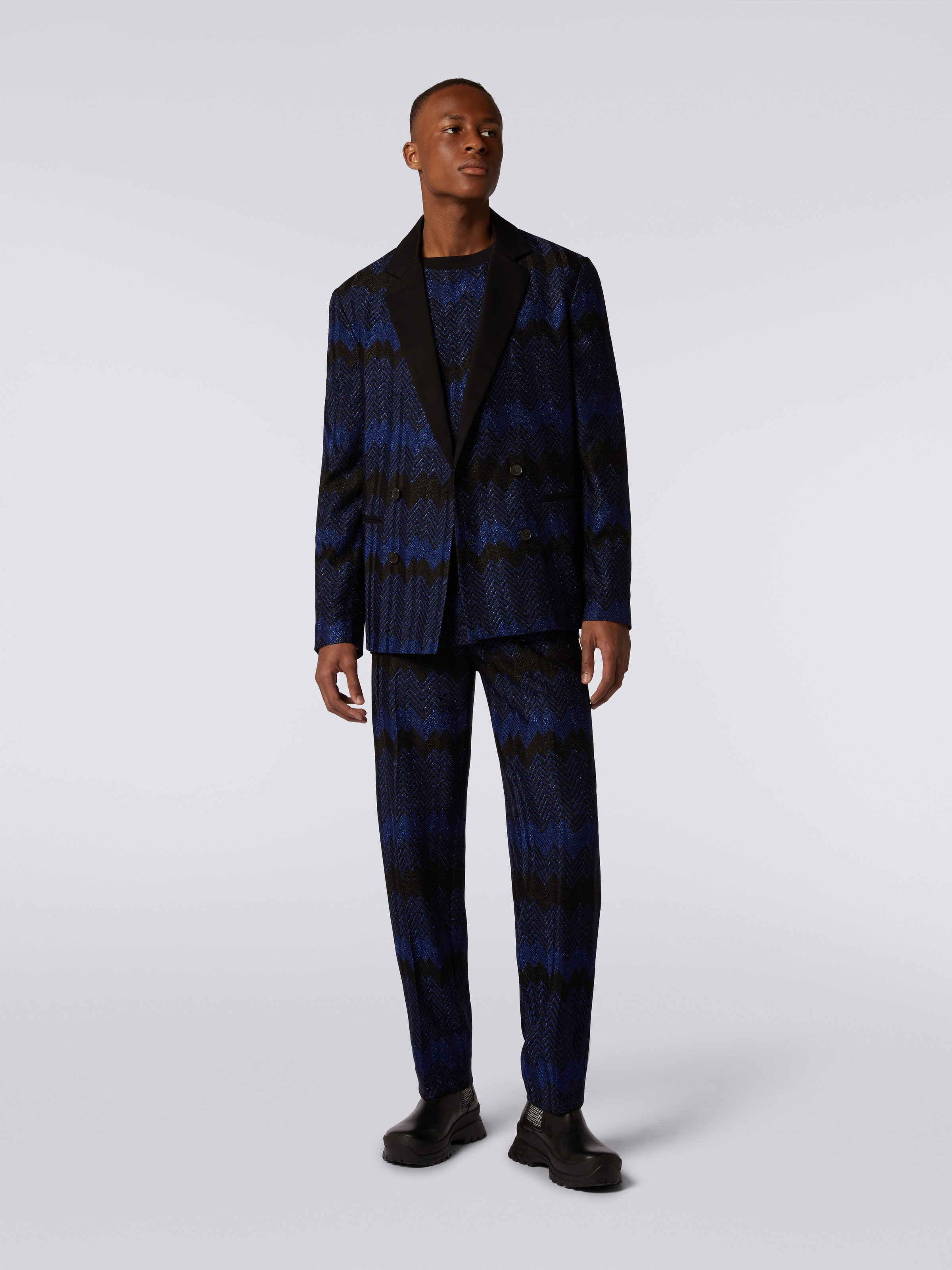 Double-breasted viscose chevron jacket with lurex, Blue - 1