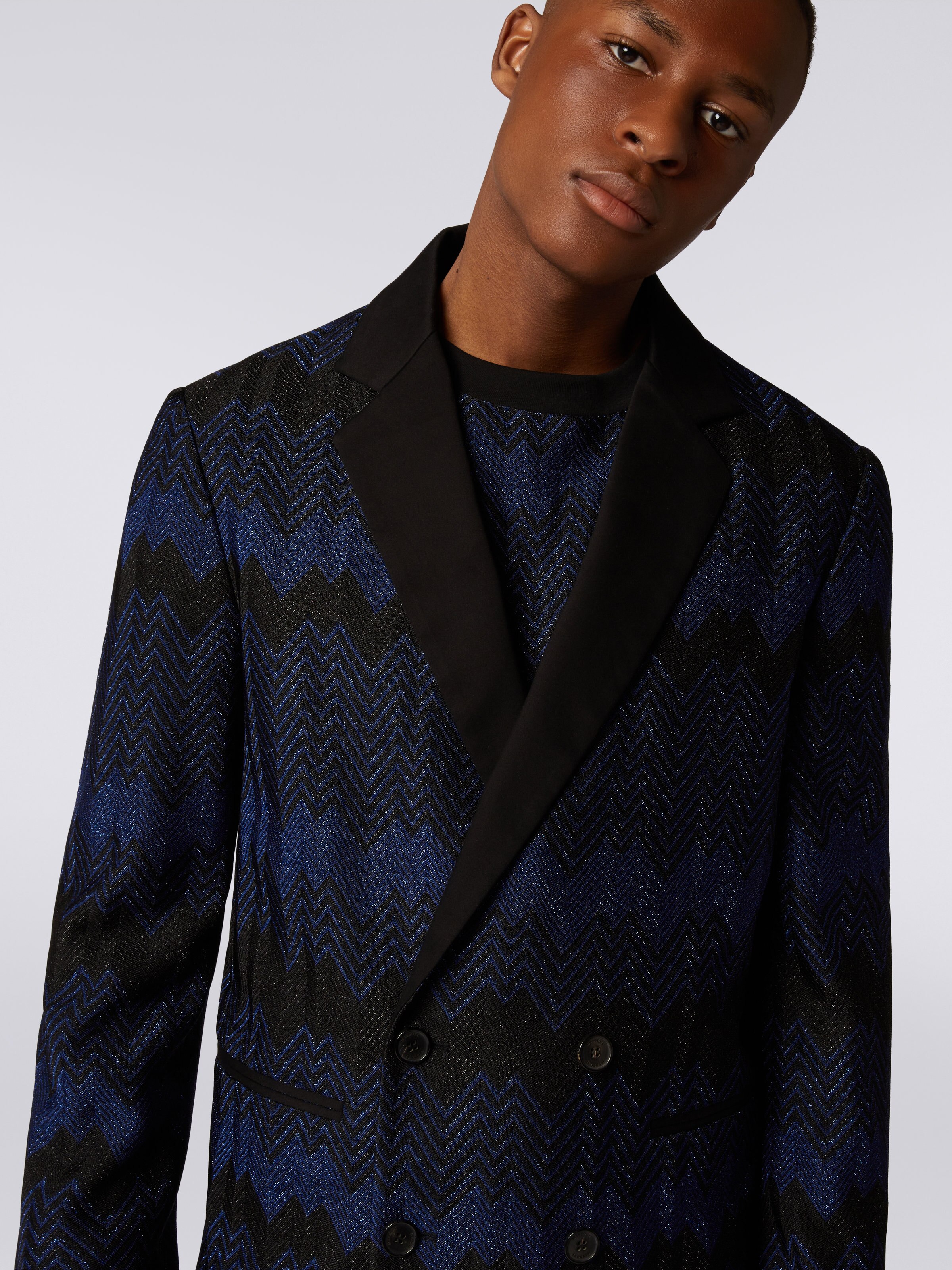 Double-breasted viscose chevron jacket with lurex, Blue - 4