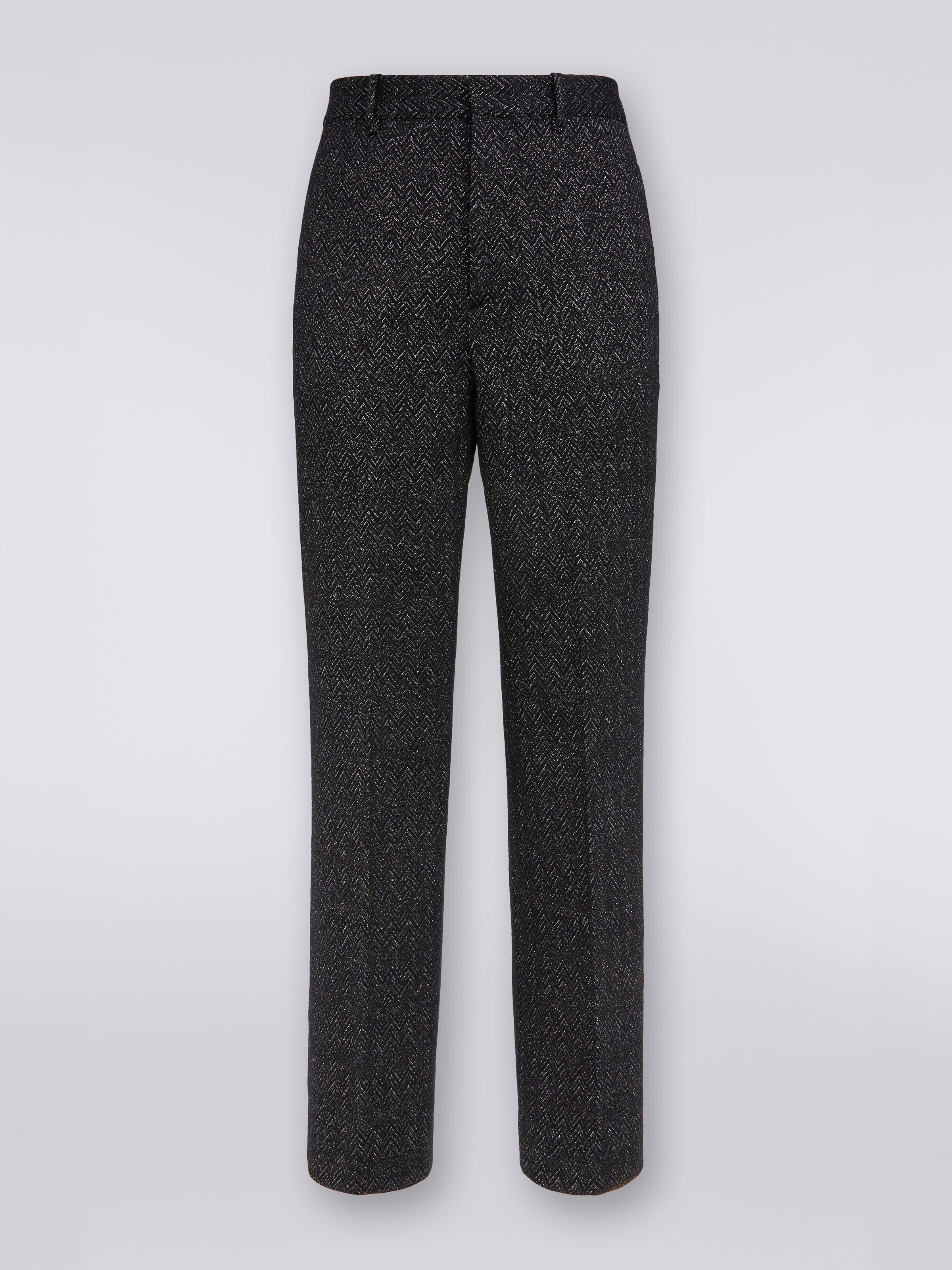 Straight wool blend zigzag trousers with lurex, Black    - 0