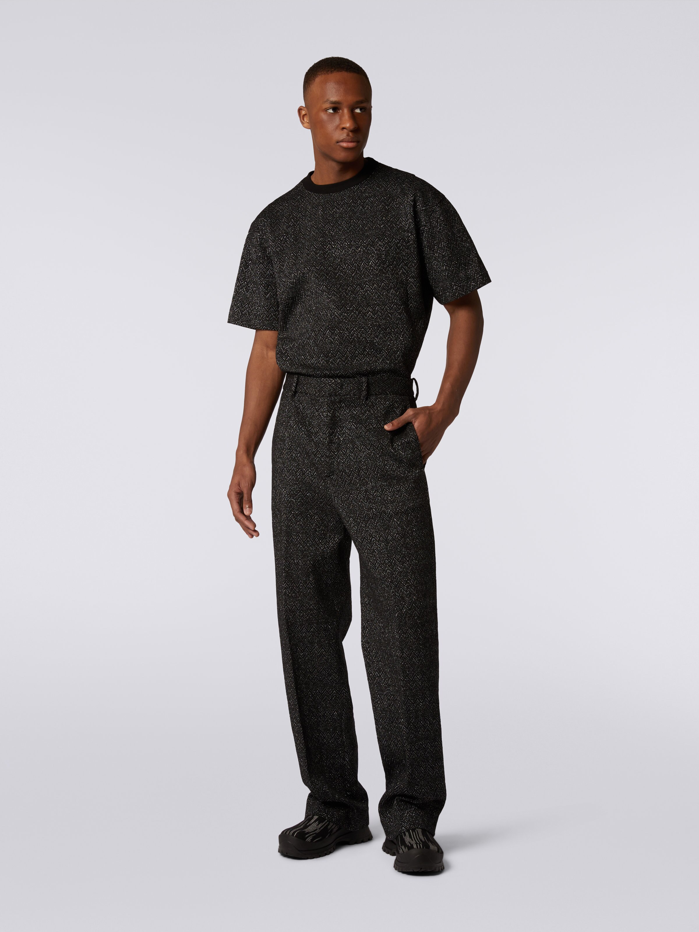 Straight wool blend zigzag trousers with lurex, Black    - 1