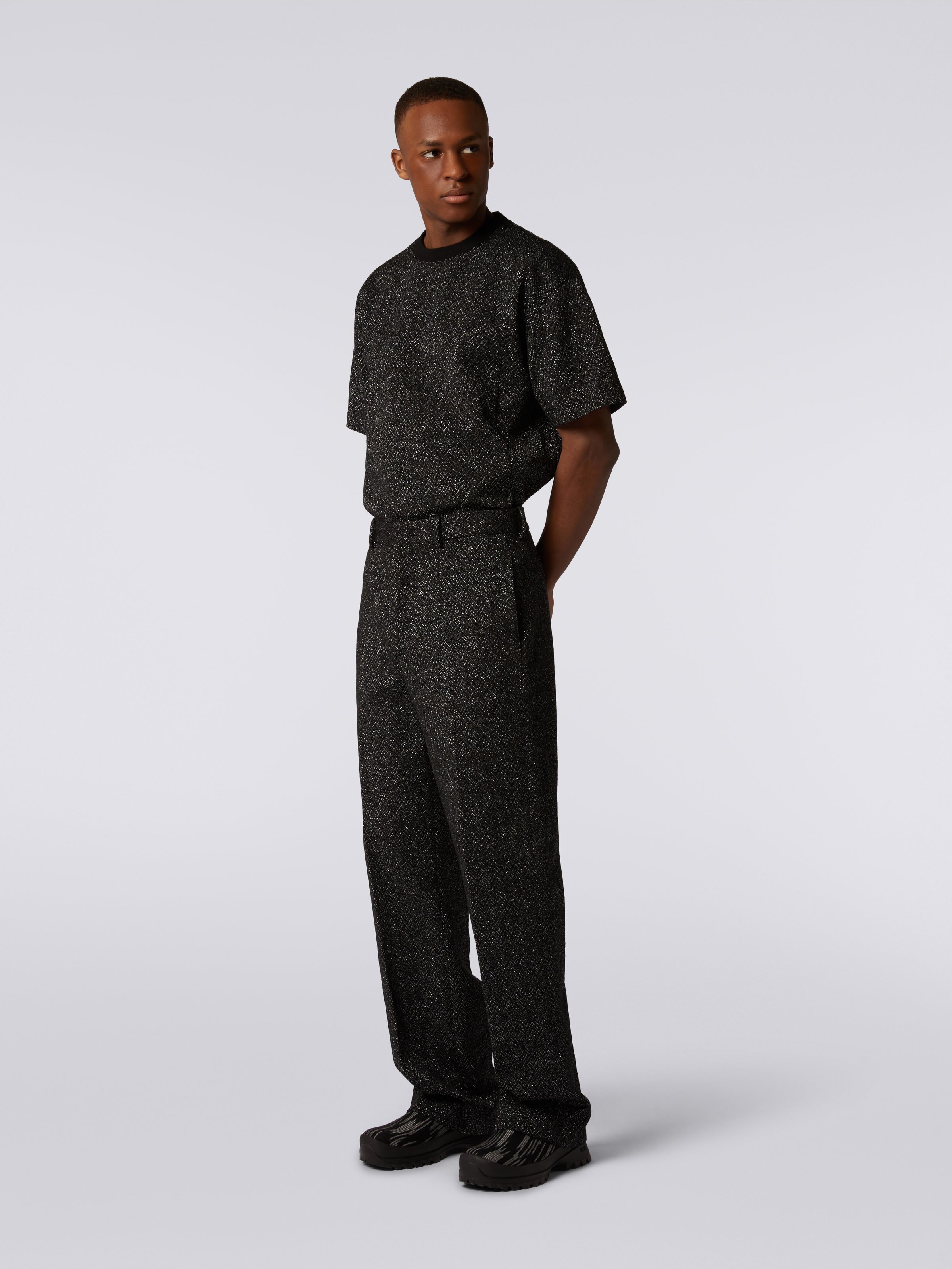 Straight wool blend zigzag trousers with lurex, Black    - 2