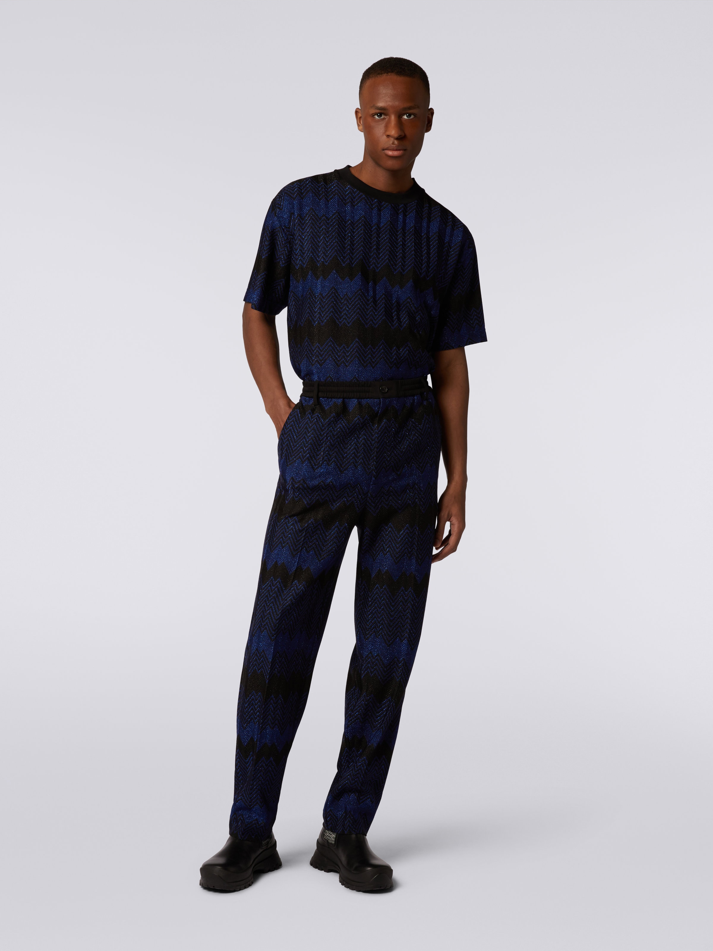 Zigzag viscose trousers with lurex, Blue - 1